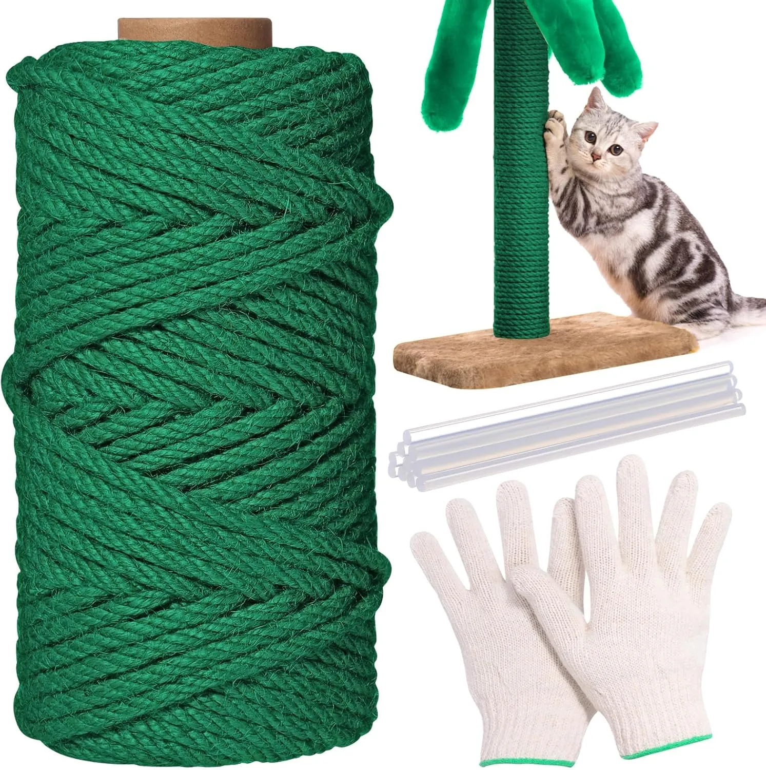 1/4inch 164Ft Natural Cat Tree Hemp Rope, DIY Repair and Replace Scratching Post Sisal Rope for Scratching Post Cat Tree Tower DIY(Green)