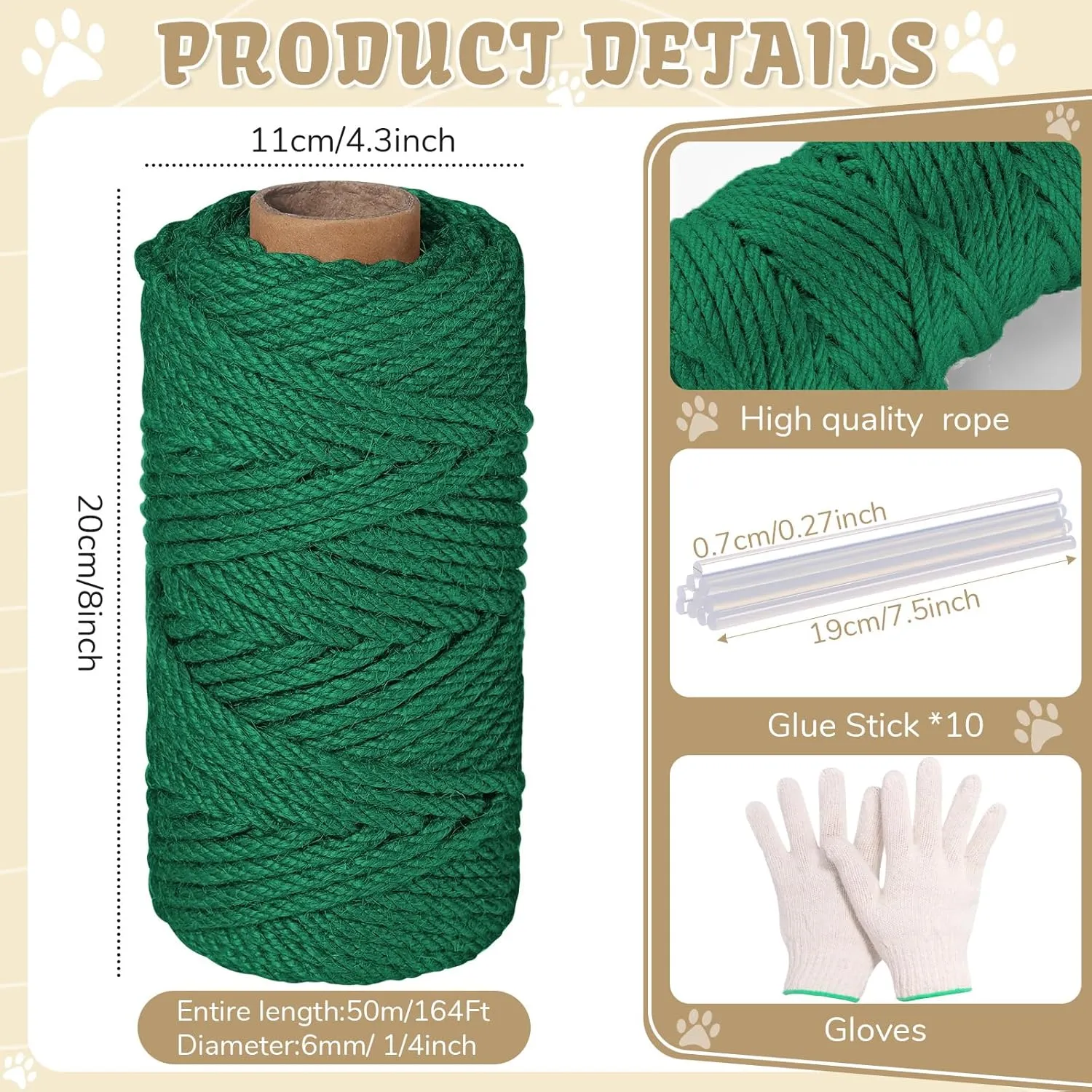 1/4inch 164Ft Natural Cat Tree Hemp Rope, DIY Repair and Replace Scratching Post Sisal Rope for Scratching Post Cat Tree Tower DIY(Green)