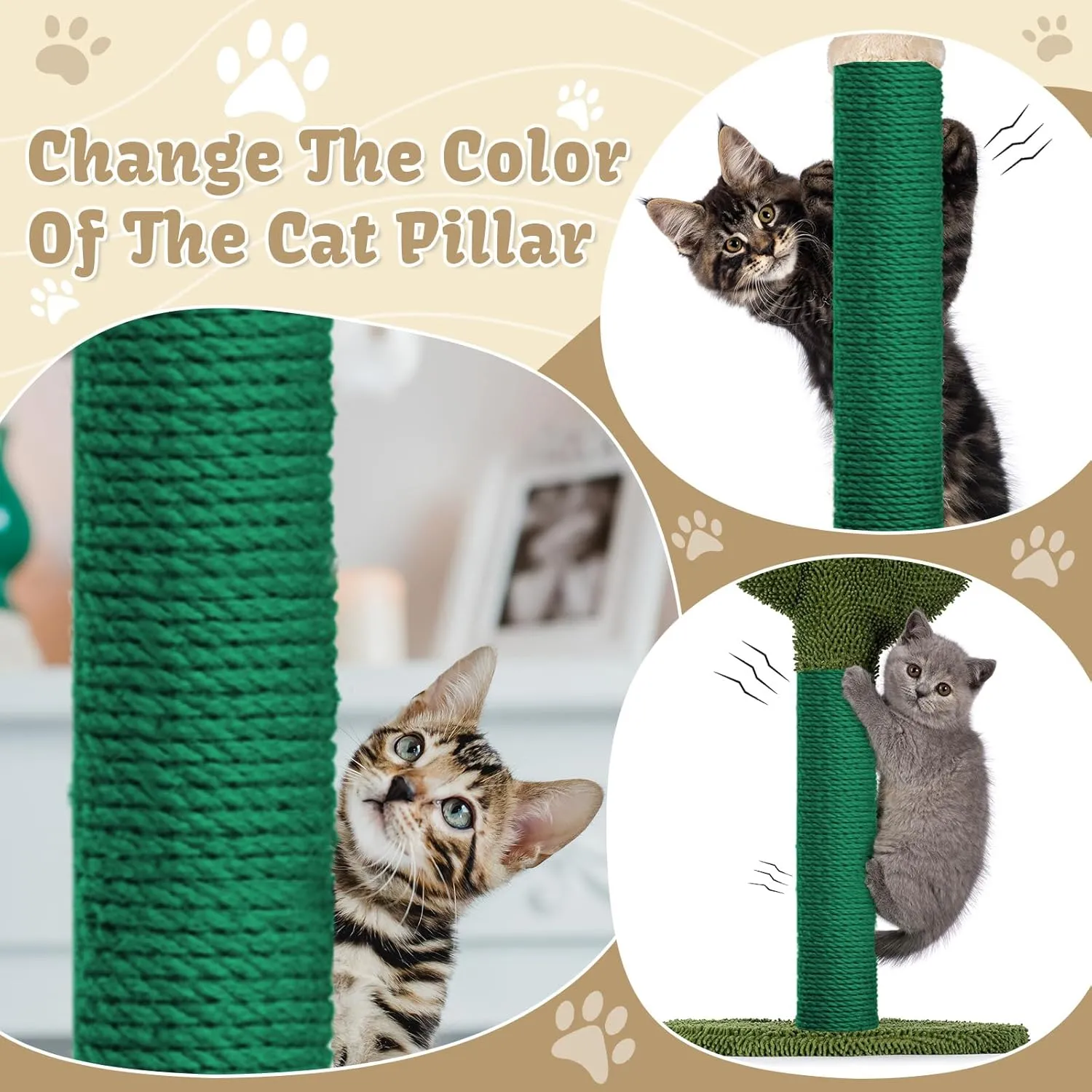 1/4inch 164Ft Natural Cat Tree Hemp Rope, DIY Repair and Replace Scratching Post Sisal Rope for Scratching Post Cat Tree Tower DIY(Green)