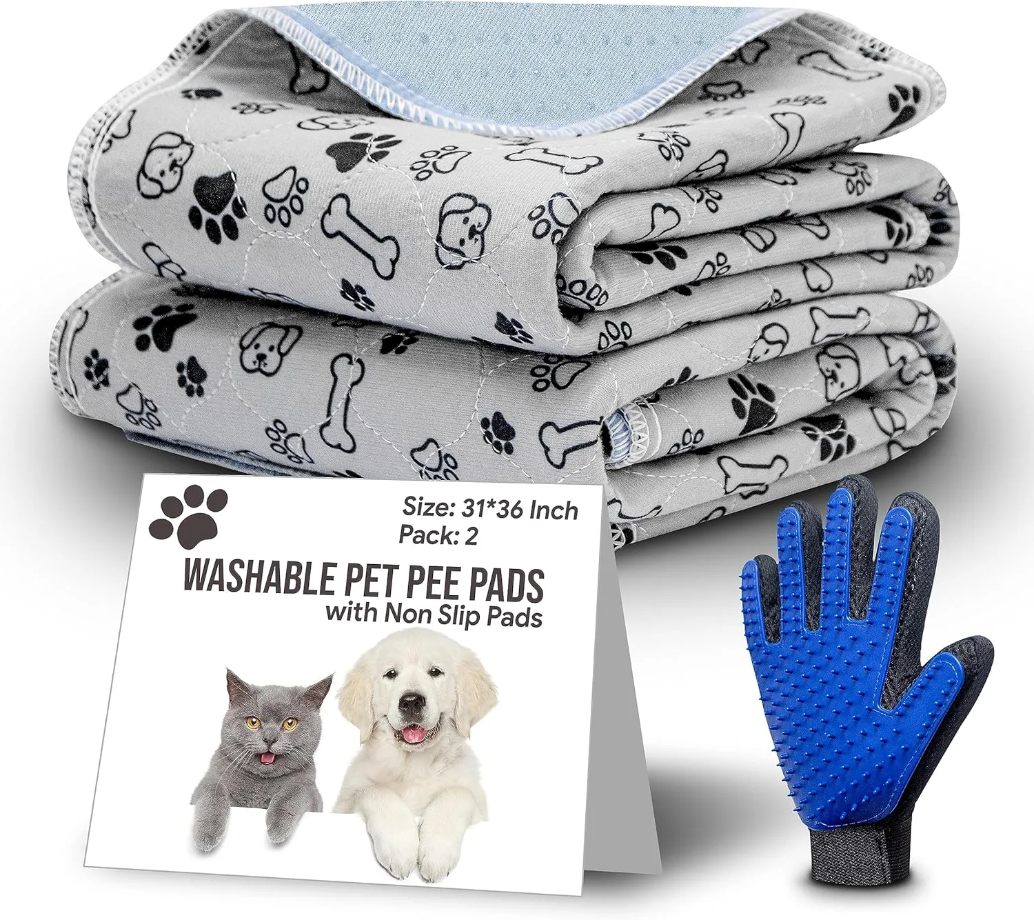 2 Pack 31x36 Washable Pee Pads for Dogs with Grooming Glove, Non-Slip Puppy Pads, Absorbent & Pleasant Endure Reusable Pee Pads for Dogs - Ideal for Pet Training & Floor Protection