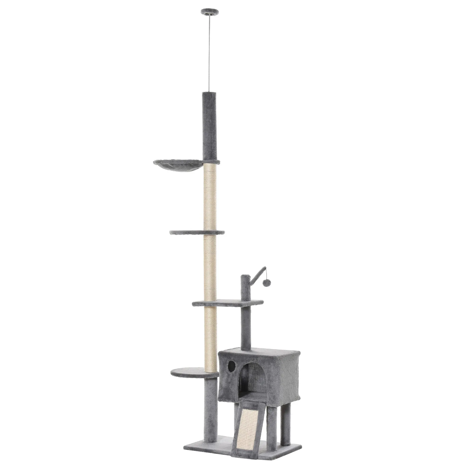 270cm Floor To Ceiling Cat Tree Cat House Scratching Post for Indoor Cats Hammock Hanging Ball Activity Center Grey