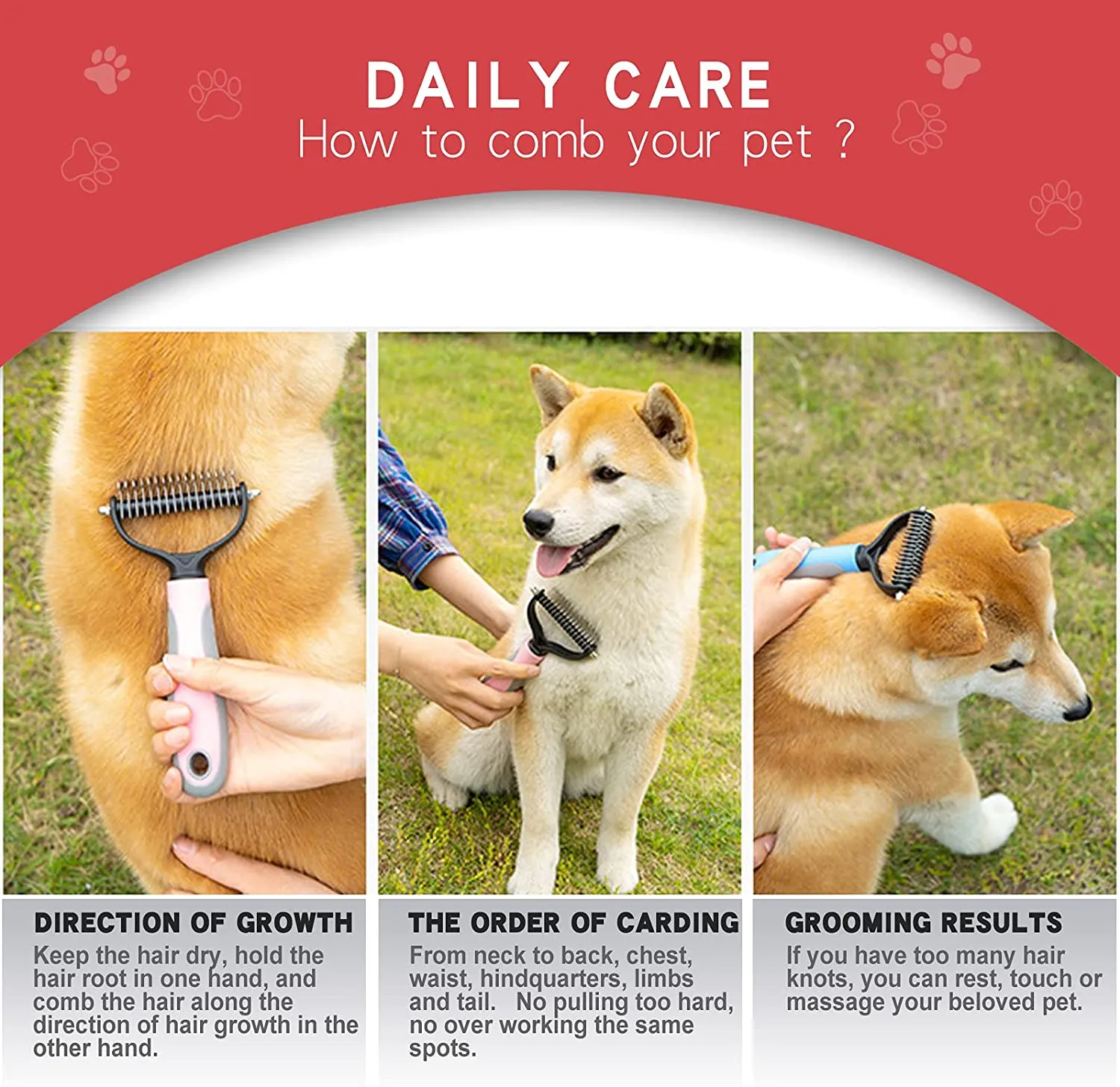 3pcs Pink Double Sided Dog/Cat/Pet Deshedding Brush   Nail Clippers   Nail File