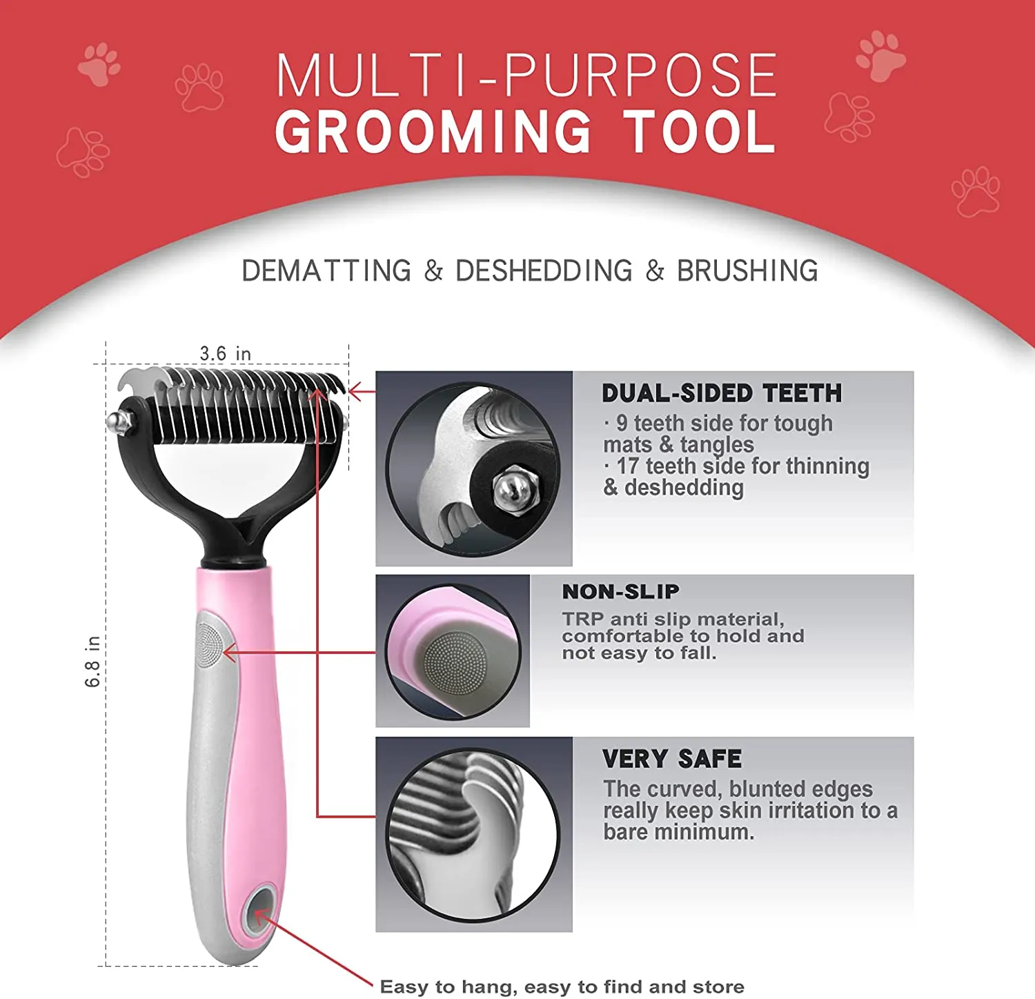 3pcs Pink Double Sided Dog/Cat/Pet Deshedding Brush   Nail Clippers   Nail File