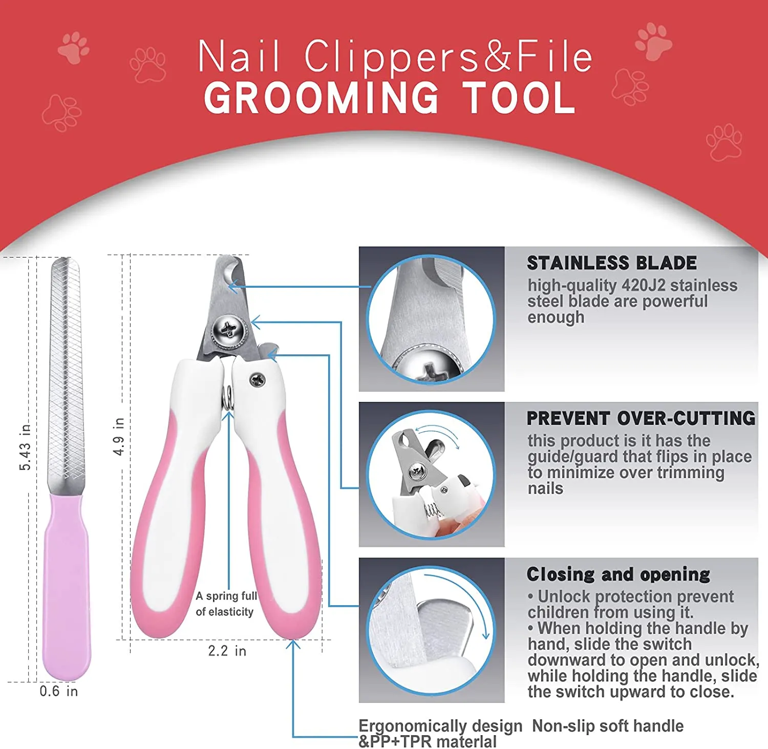 3pcs Pink Double Sided Dog/Cat/Pet Deshedding Brush   Nail Clippers   Nail File