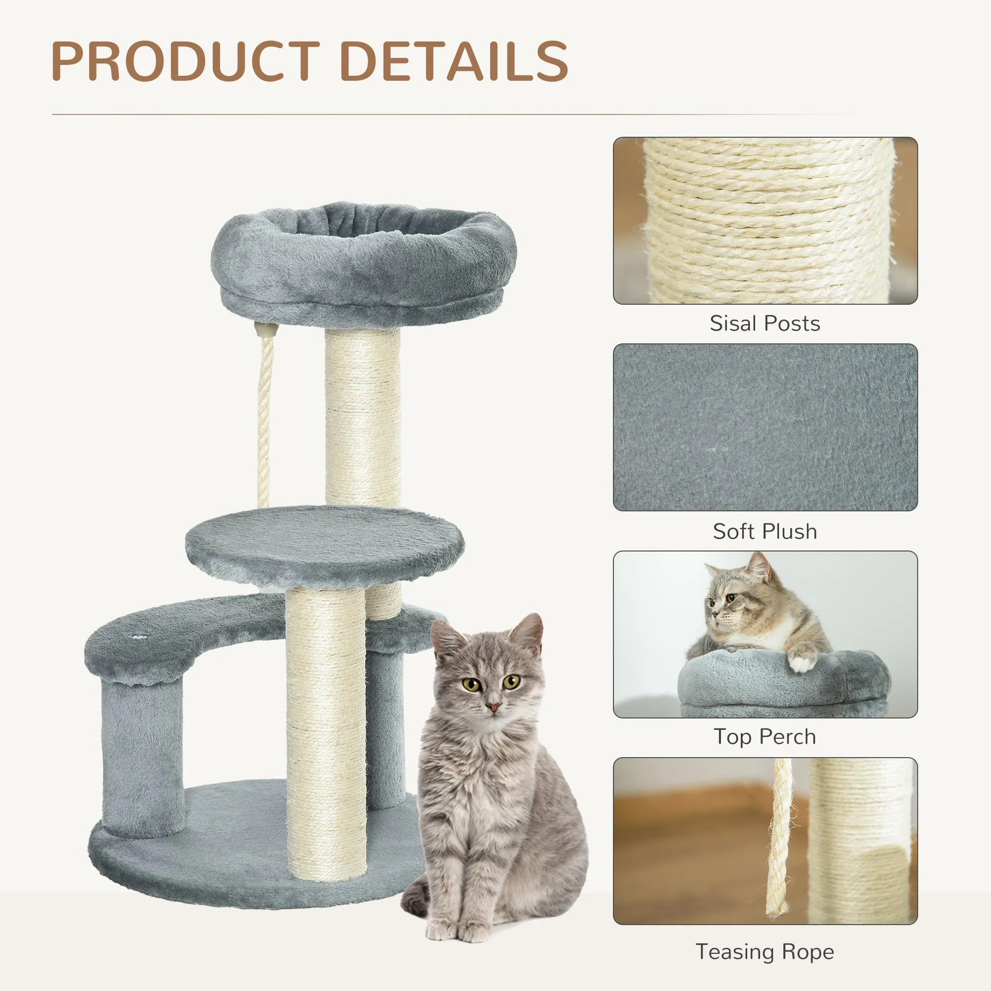 65cm Cat Tree, Cat Tower for Kittens, Small Cat Condo with Sisal Scratching Posts, Hanging Rope, Perches - Grey