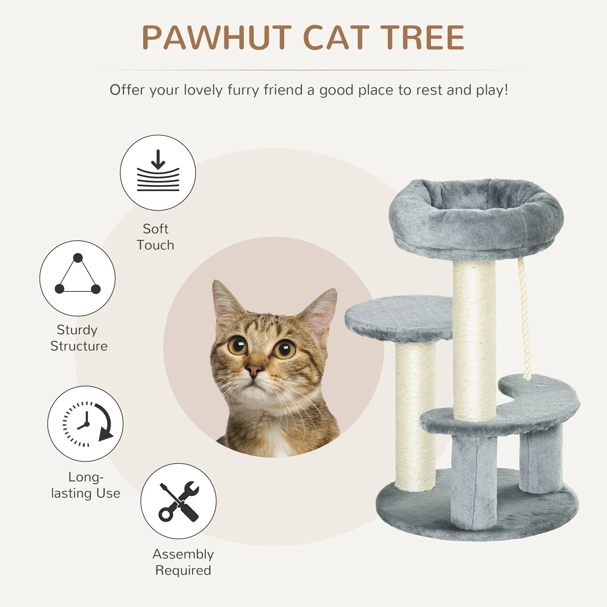 65cm Cat Tree, Cat Tower for Kittens, Small Cat Condo with Sisal Scratching Posts, Hanging Rope, Perches - Grey