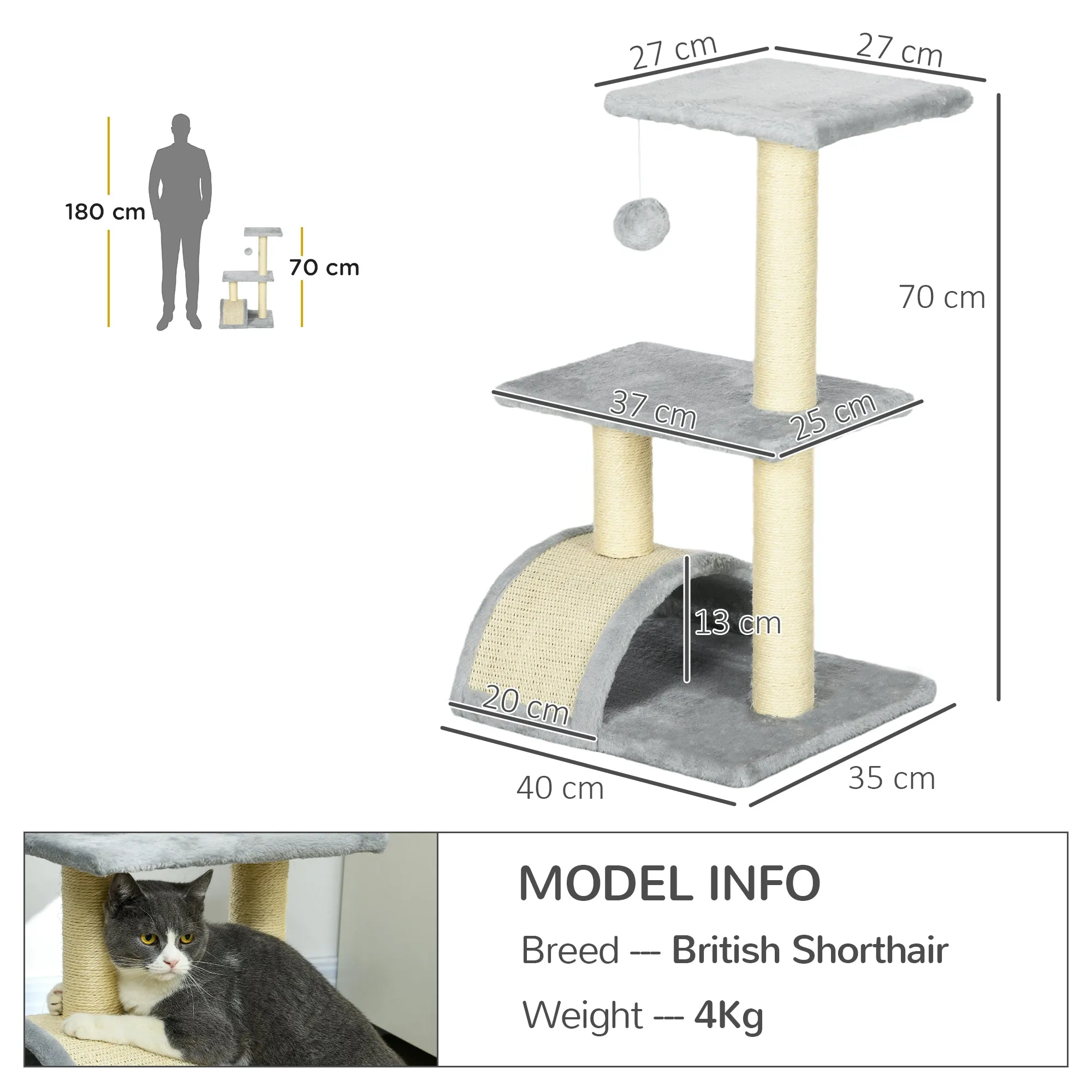 72cm Cat Tree with Scratching Post, Pad for Indoor Cats - Light Grey
