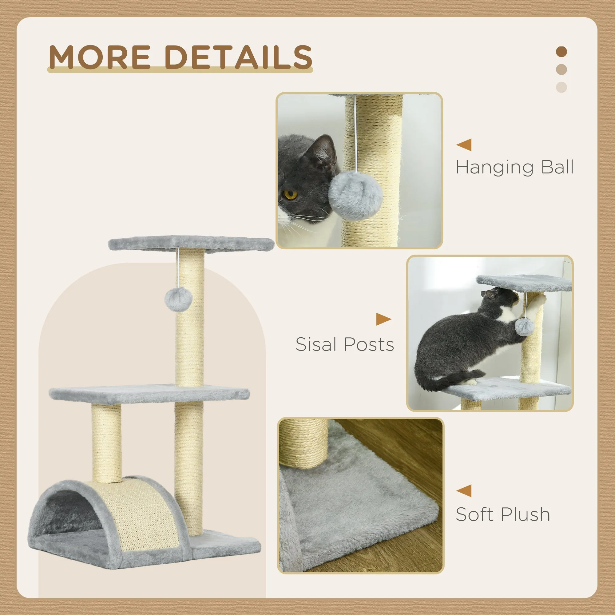 72cm Cat Tree with Scratching Post, Pad for Indoor Cats - Light Grey