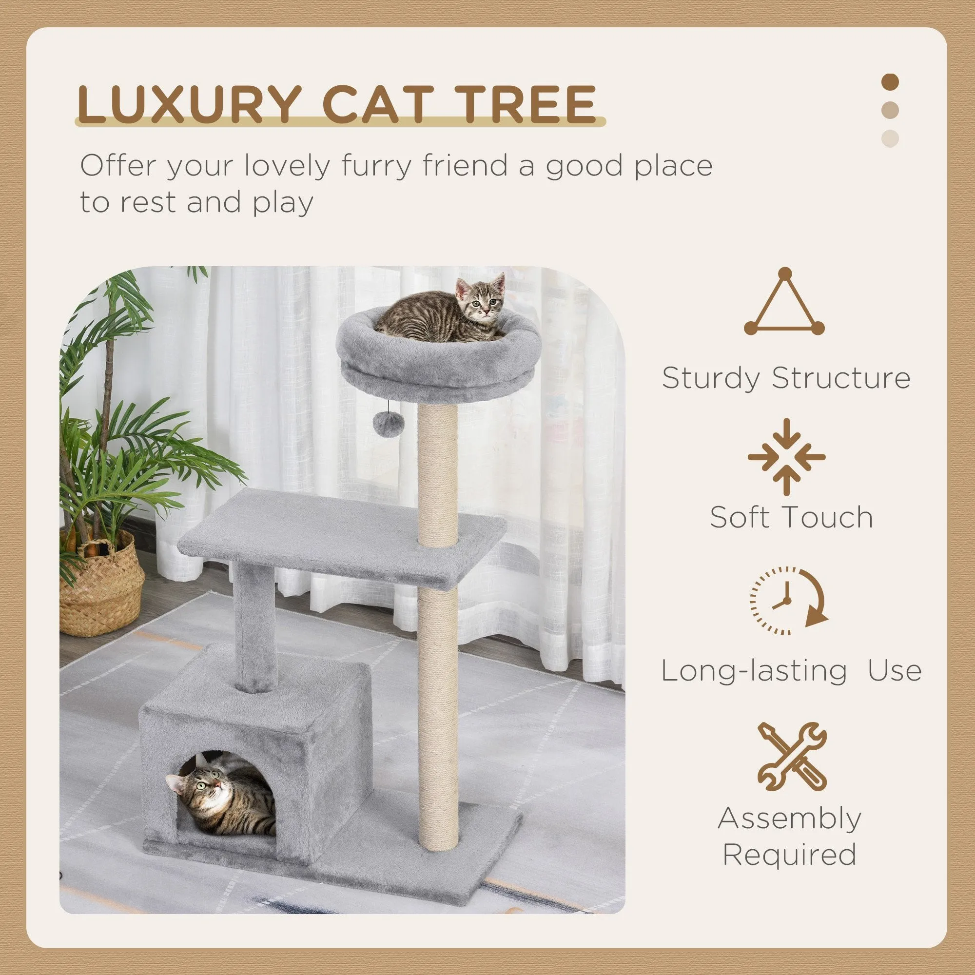 96cm Cat Tree for Indoor Cats Condo Sisal Scratching Post Cat Tower Kitten Play House Dangling Ball Activity Center Furniture Grey
