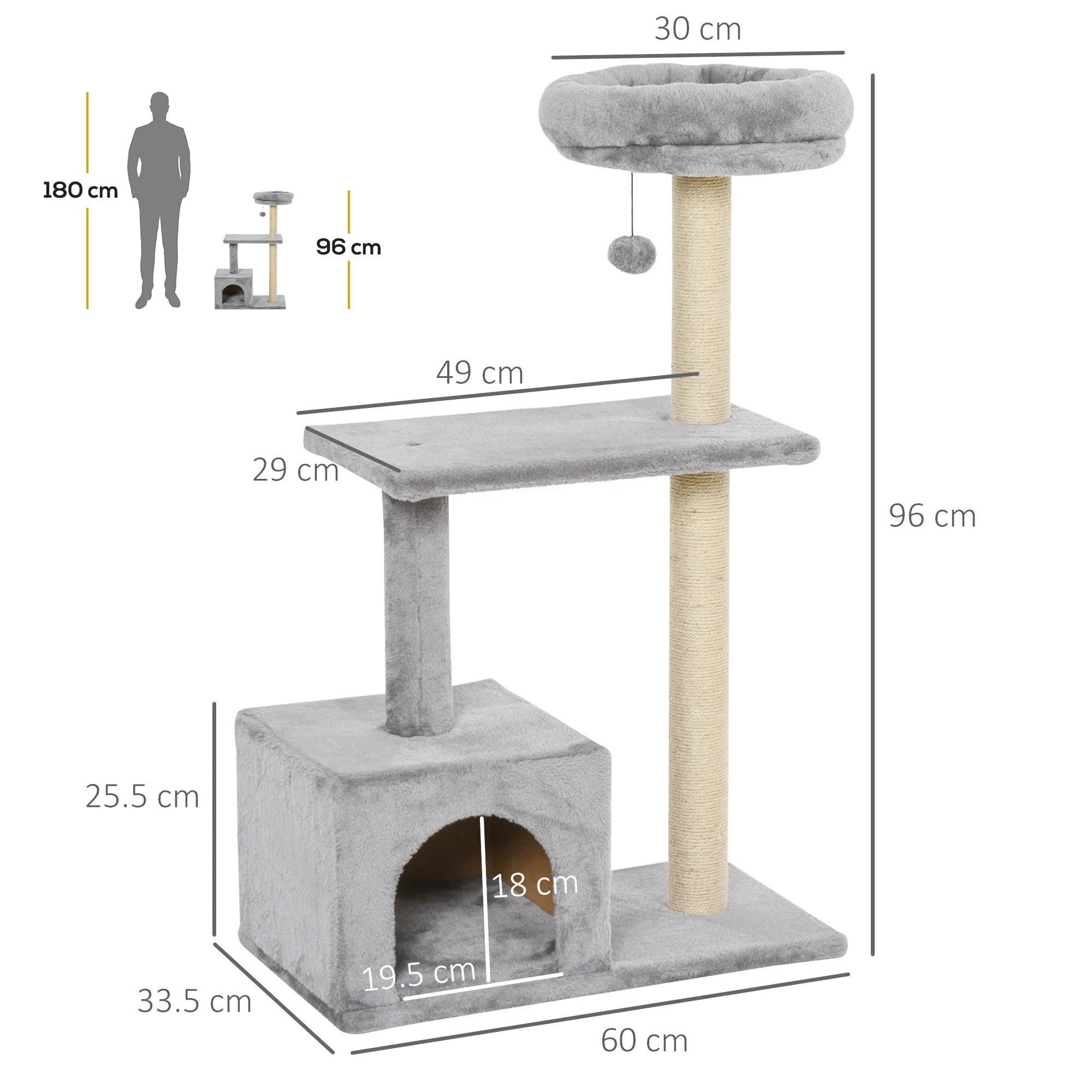 96cm Cat Tree for Indoor Cats Condo Sisal Scratching Post Cat Tower Kitten Play House Dangling Ball Activity Center Furniture Grey