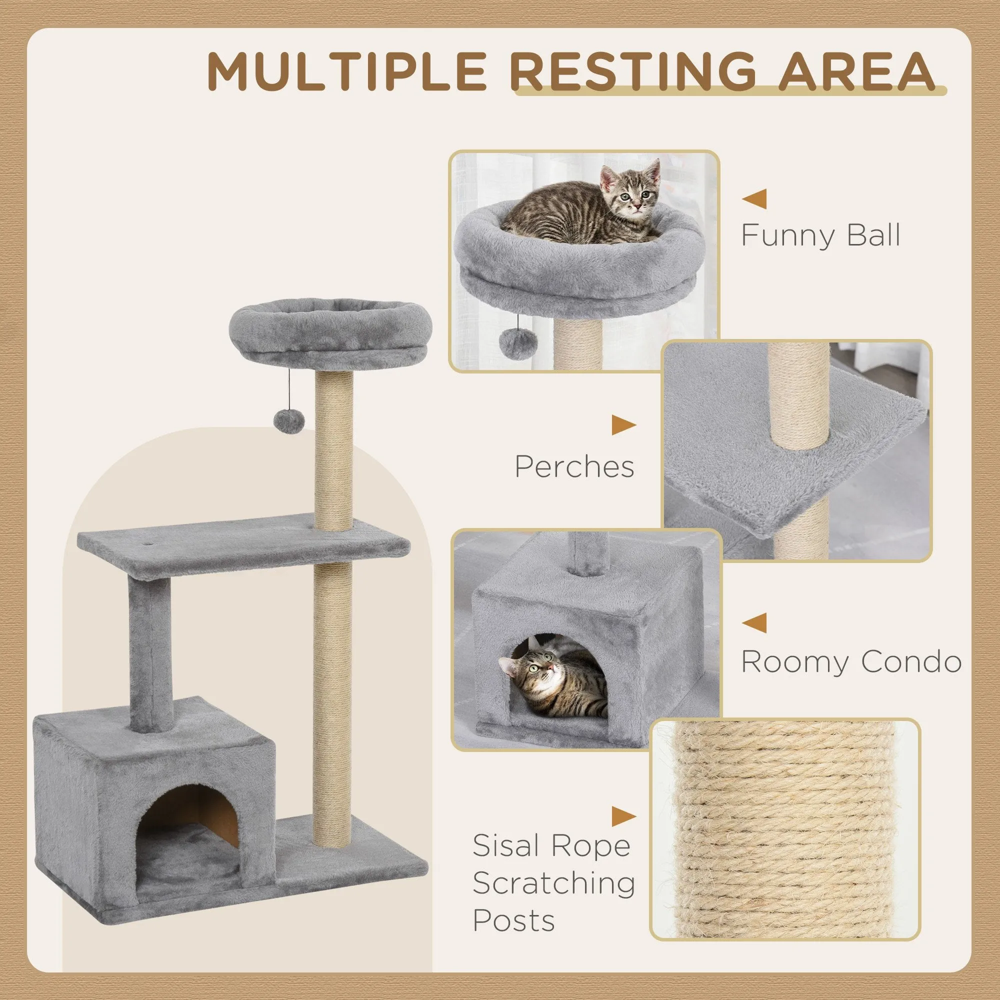 96cm Cat Tree for Indoor Cats Condo Sisal Scratching Post Cat Tower Kitten Play House Dangling Ball Activity Center Furniture Grey