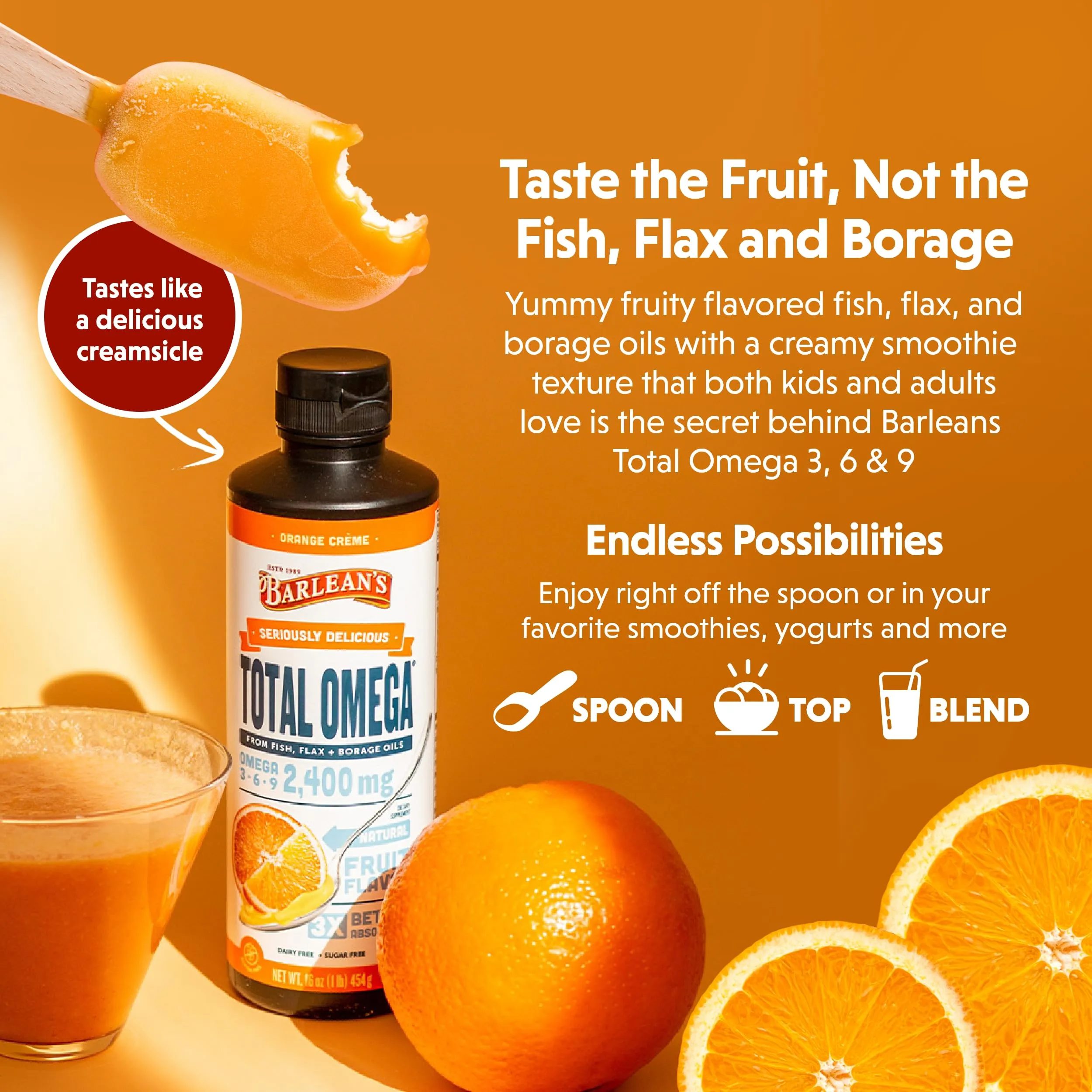 Barlean's Total Omega 3 Fish Oil Liquid Supplement, Orange Crème Flavored with Borage Oil and Flaxseed Oil, 2,400 mg of Omegas 3 6 9 EPA and DHA Plus GLA, 16 oz 16 Ounce (Pack of 1)