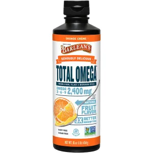 Barlean's Total Omega 3 Fish Oil Liquid Supplement, Orange Crème Flavored with Borage Oil and Flaxseed Oil, 2,400 mg of Omegas 3 6 9 EPA and DHA Plus GLA, 16 oz 16 Ounce (Pack of 1)