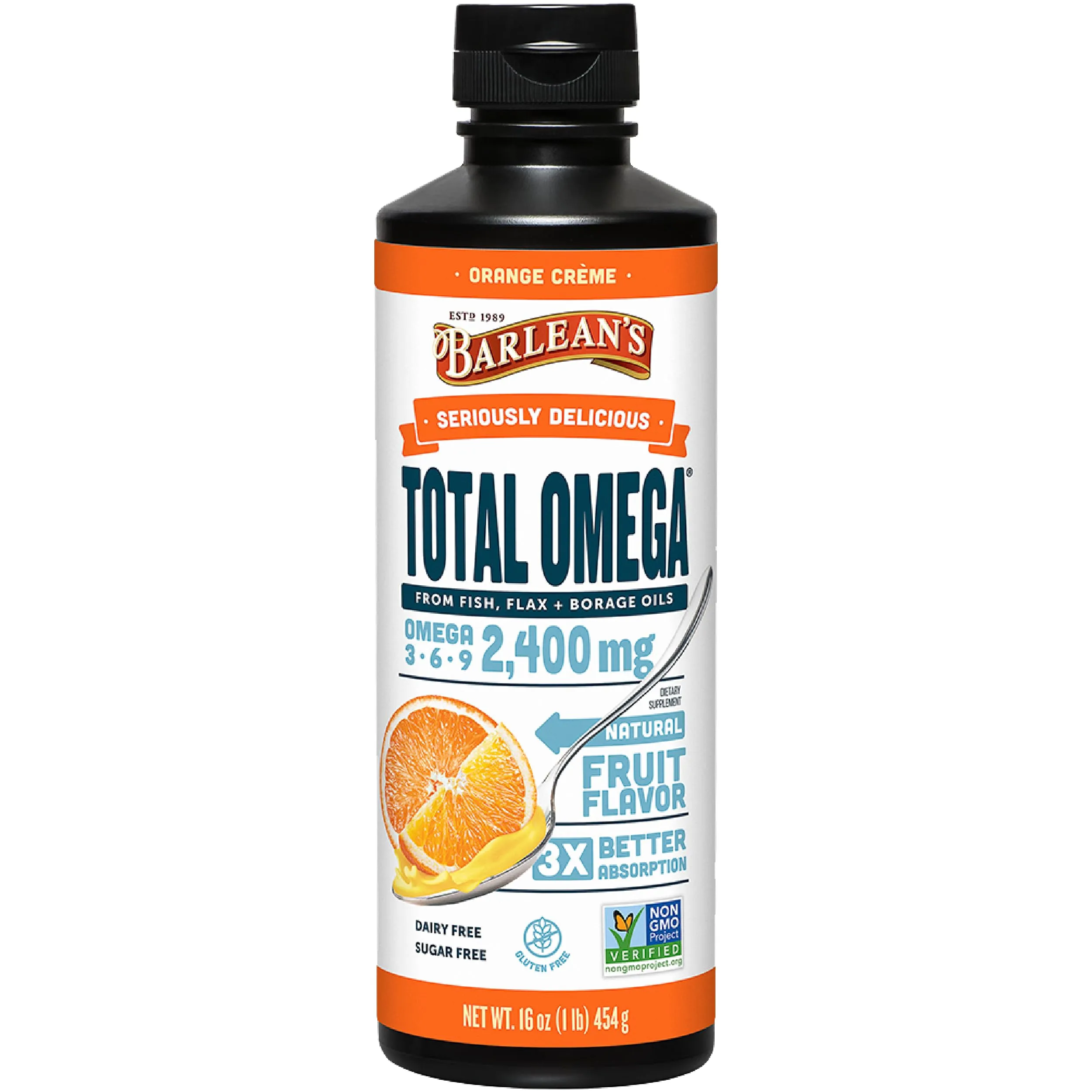 Barlean's Total Omega 3 Fish Oil Liquid Supplement, Orange Crème Flavored with Borage Oil and Flaxseed Oil, 2,400 mg of Omegas 3 6 9 EPA and DHA Plus GLA, 16 oz 16 Ounce (Pack of 1)