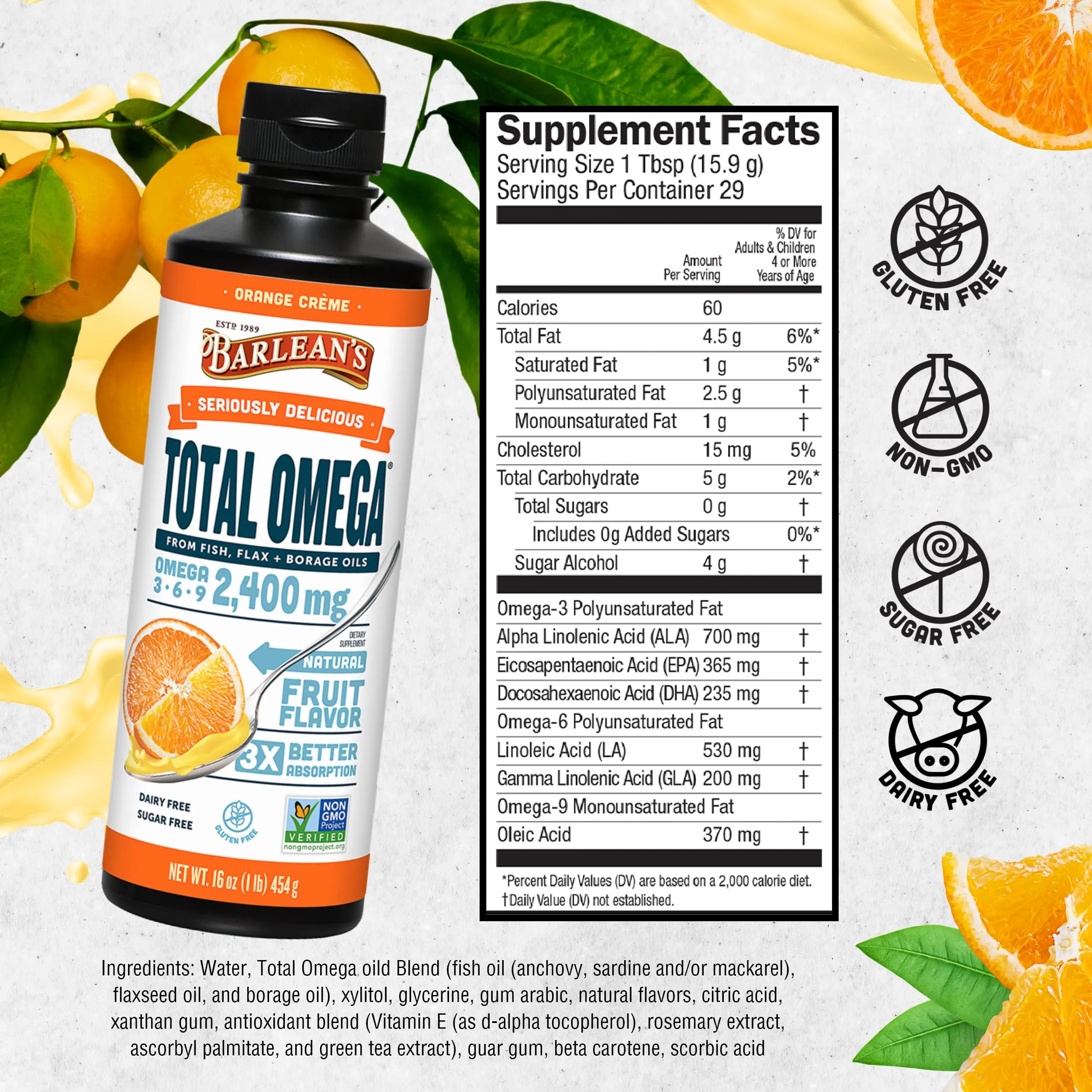 Barlean's Total Omega 3 Fish Oil Liquid Supplement, Orange Crème Flavored with Borage Oil and Flaxseed Oil, 2,400 mg of Omegas 3 6 9 EPA and DHA Plus GLA, 16 oz 16 Ounce (Pack of 1)