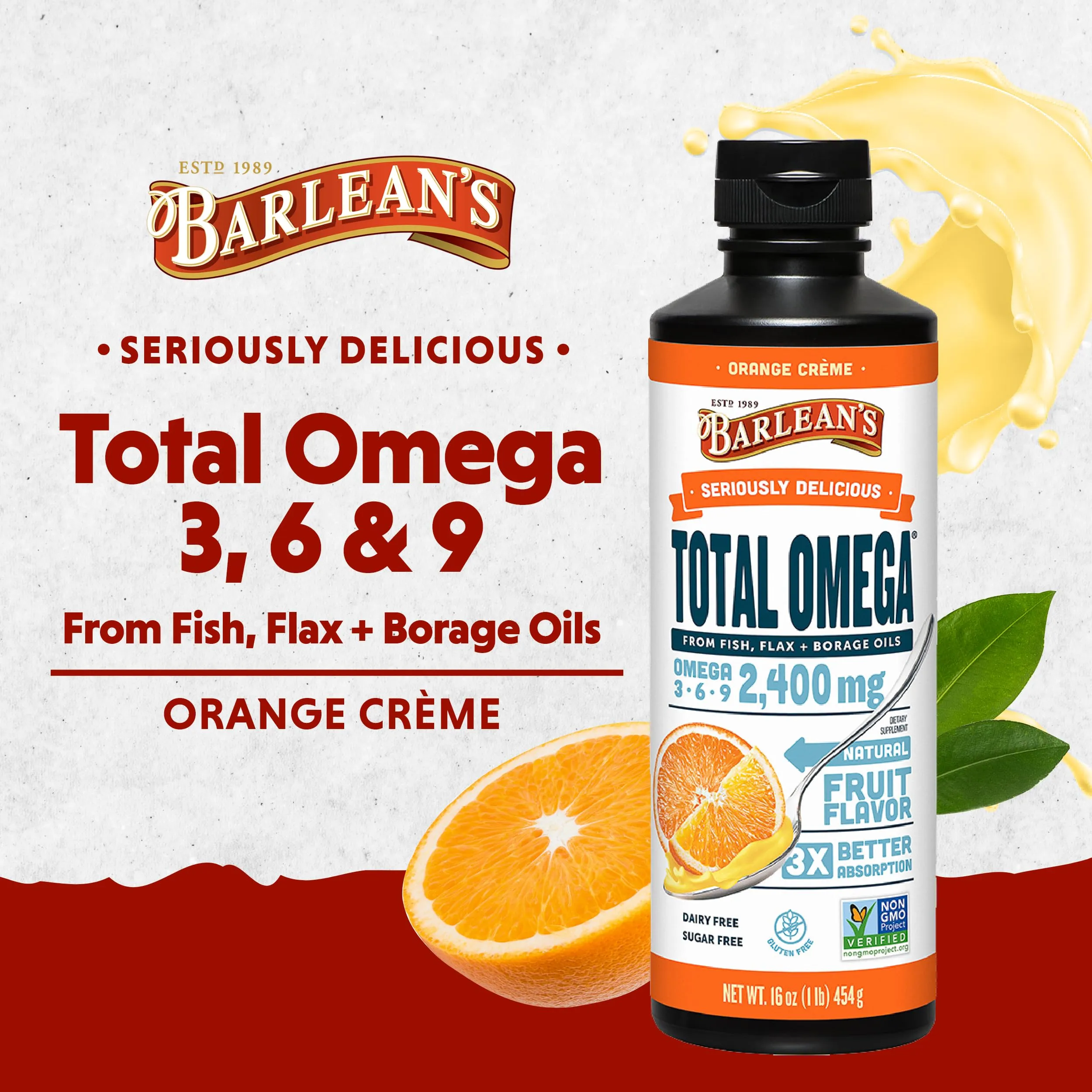 Barlean's Total Omega 3 Fish Oil Liquid Supplement, Orange Crème Flavored with Borage Oil and Flaxseed Oil, 2,400 mg of Omegas 3 6 9 EPA and DHA Plus GLA, 16 oz 16 Ounce (Pack of 1)
