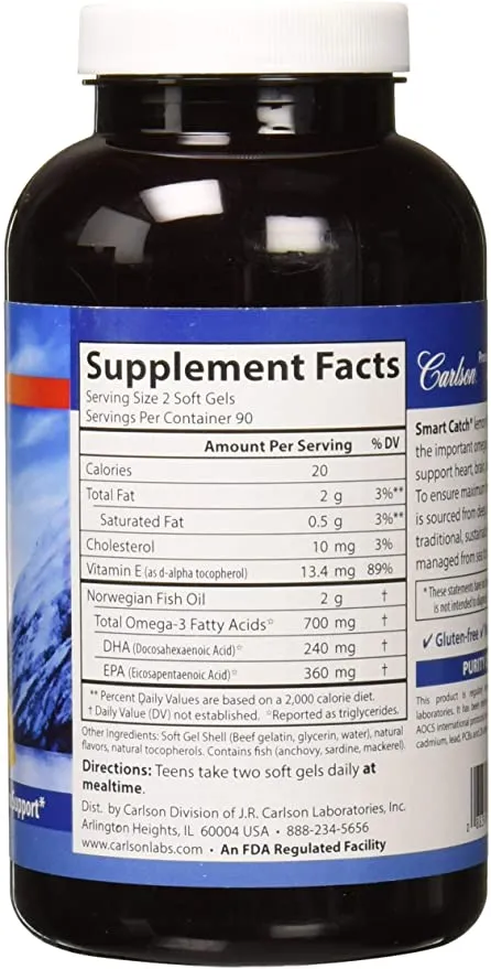 Carlson Teen's Smart Catch® Natural Lemon, 700 mg, 180 Softgels