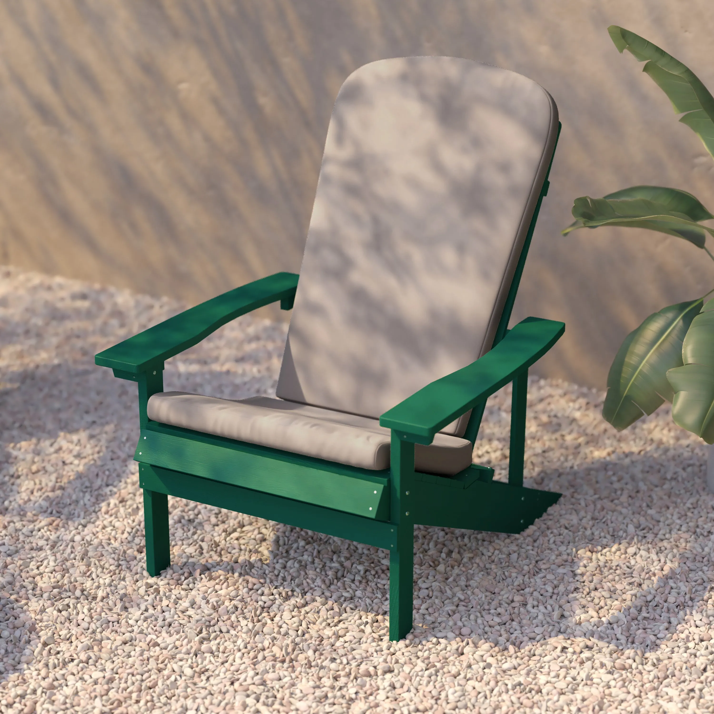 Charlestown Set of 2 All-Weather Poly Resin Wood Adirondack Chairs in Green with Cream Cushions for Deck, Porch, and Patio