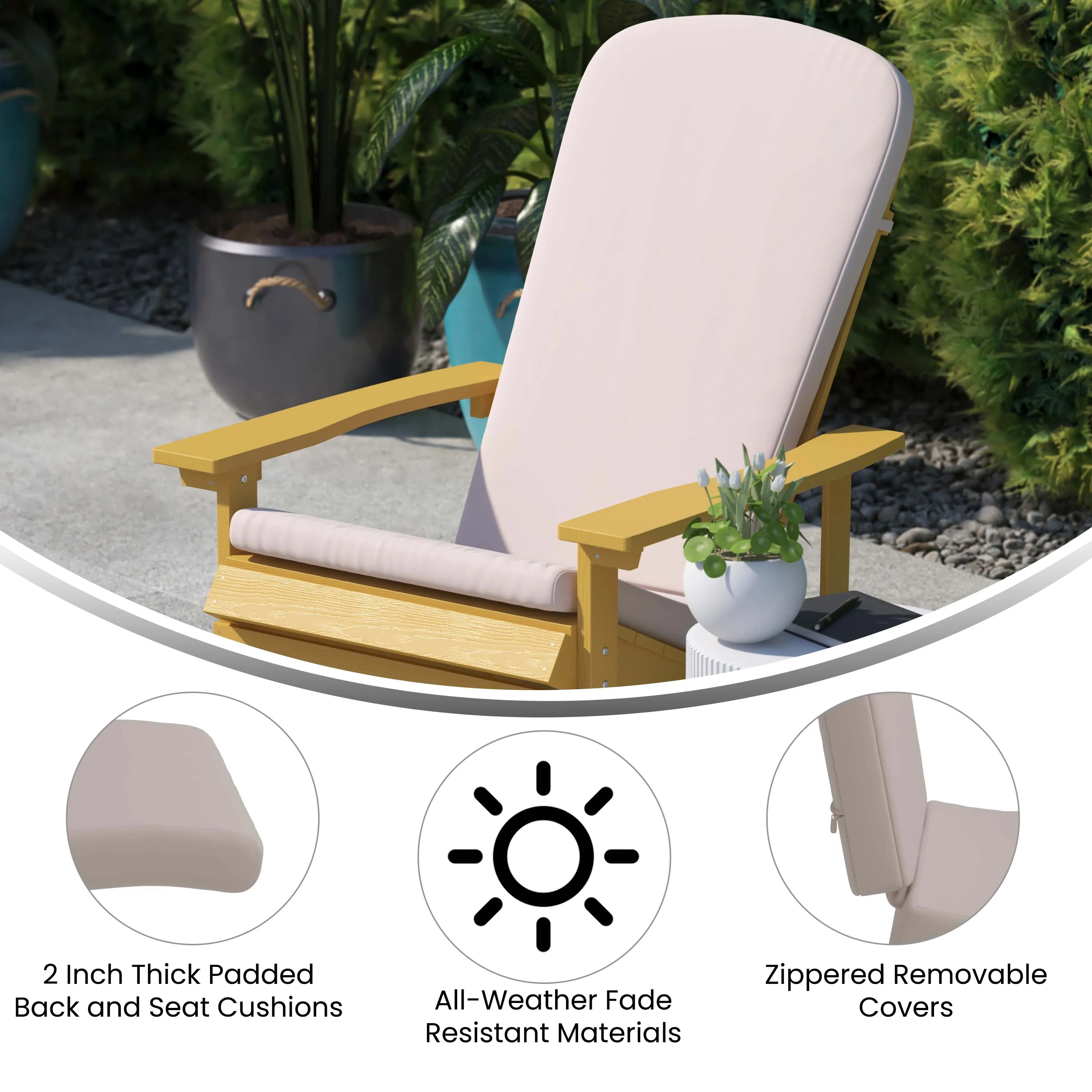 Charlestown Set of 2 All-Weather Poly Resin Wood Adirondack Chairs in Green with Cream Cushions for Deck, Porch, and Patio