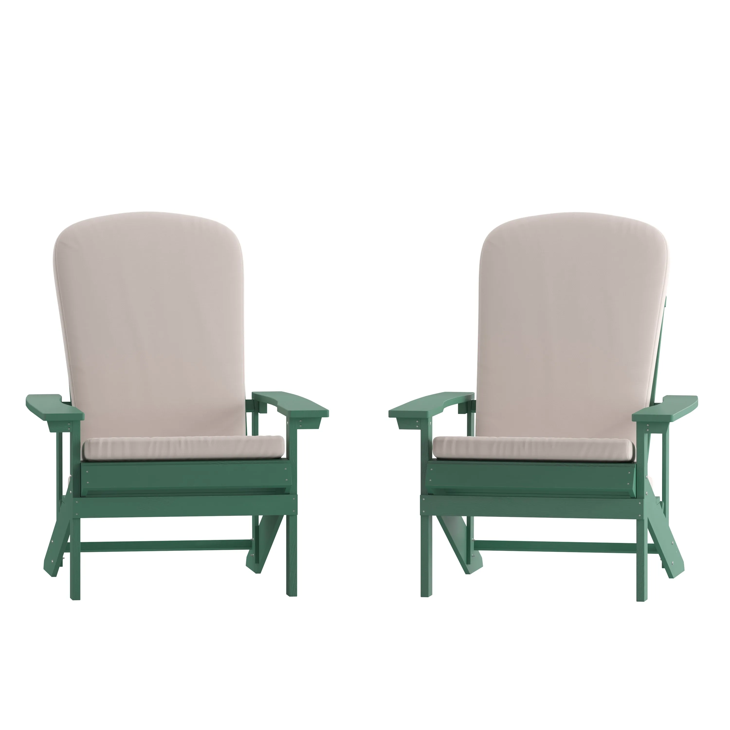 Charlestown Set of 2 All-Weather Poly Resin Wood Adirondack Chairs in Green with Cream Cushions for Deck, Porch, and Patio