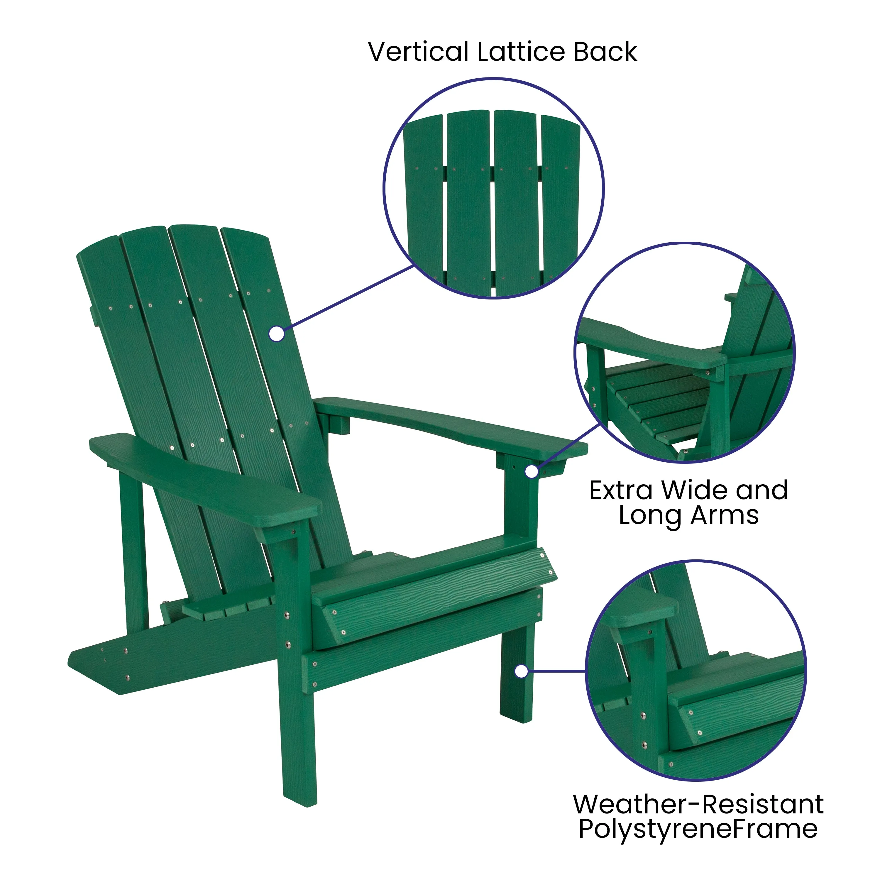 Charlestown Set of 2 All-Weather Poly Resin Wood Adirondack Chairs in Green with Cream Cushions for Deck, Porch, and Patio