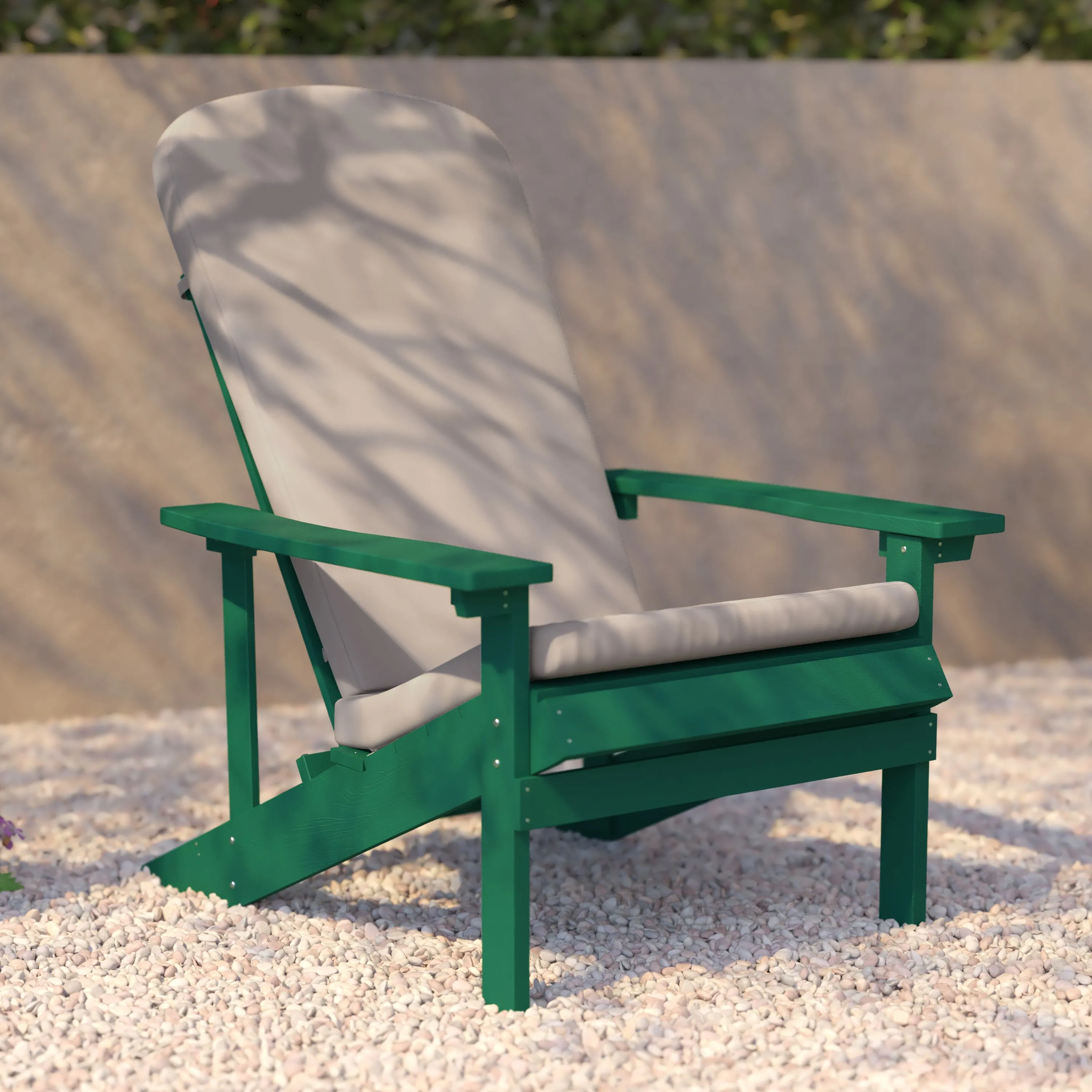 Charlestown Set of 2 All-Weather Poly Resin Wood Adirondack Chairs in Green with Cream Cushions for Deck, Porch, and Patio