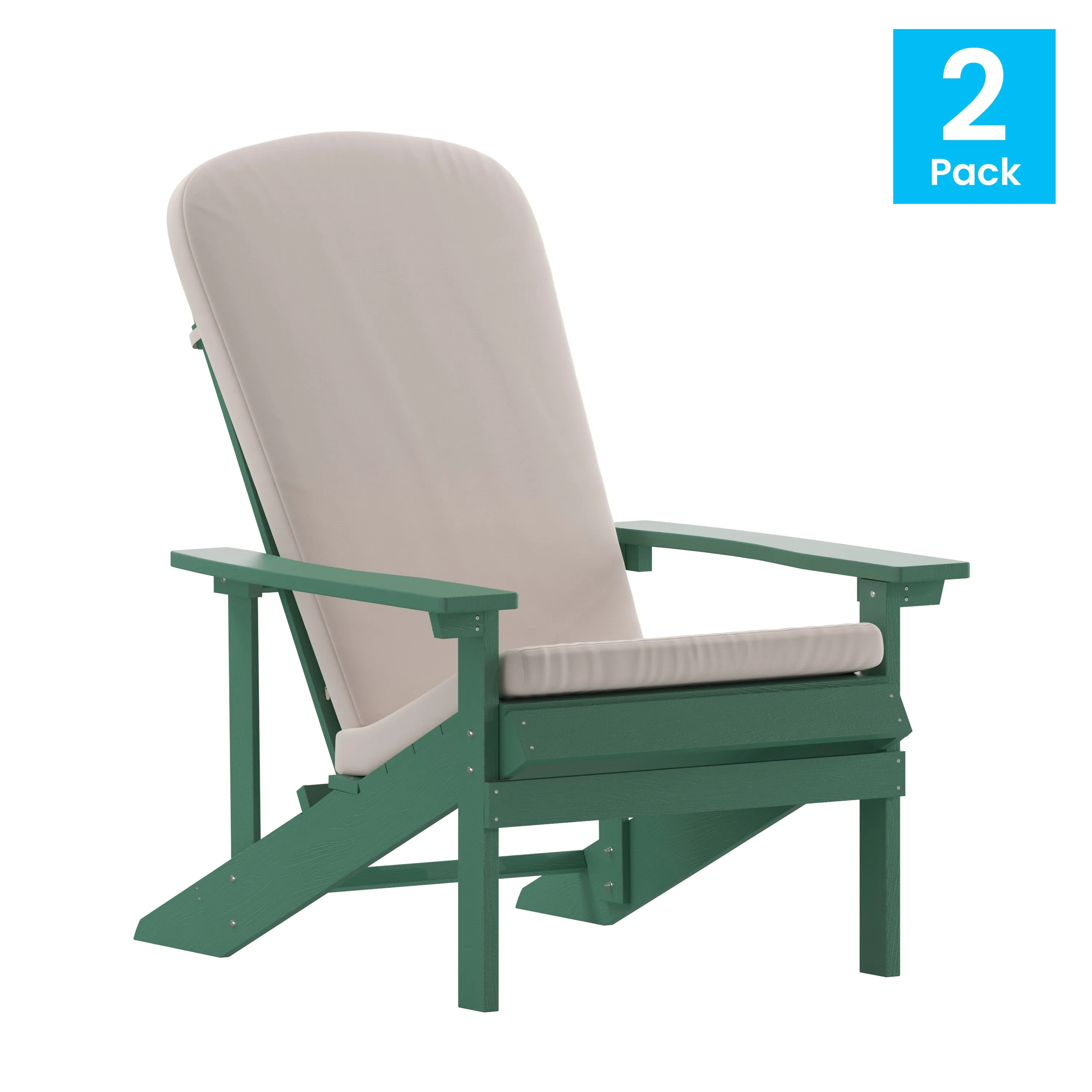 Charlestown Set of 2 All-Weather Poly Resin Wood Adirondack Chairs in Green with Cream Cushions for Deck, Porch, and Patio
