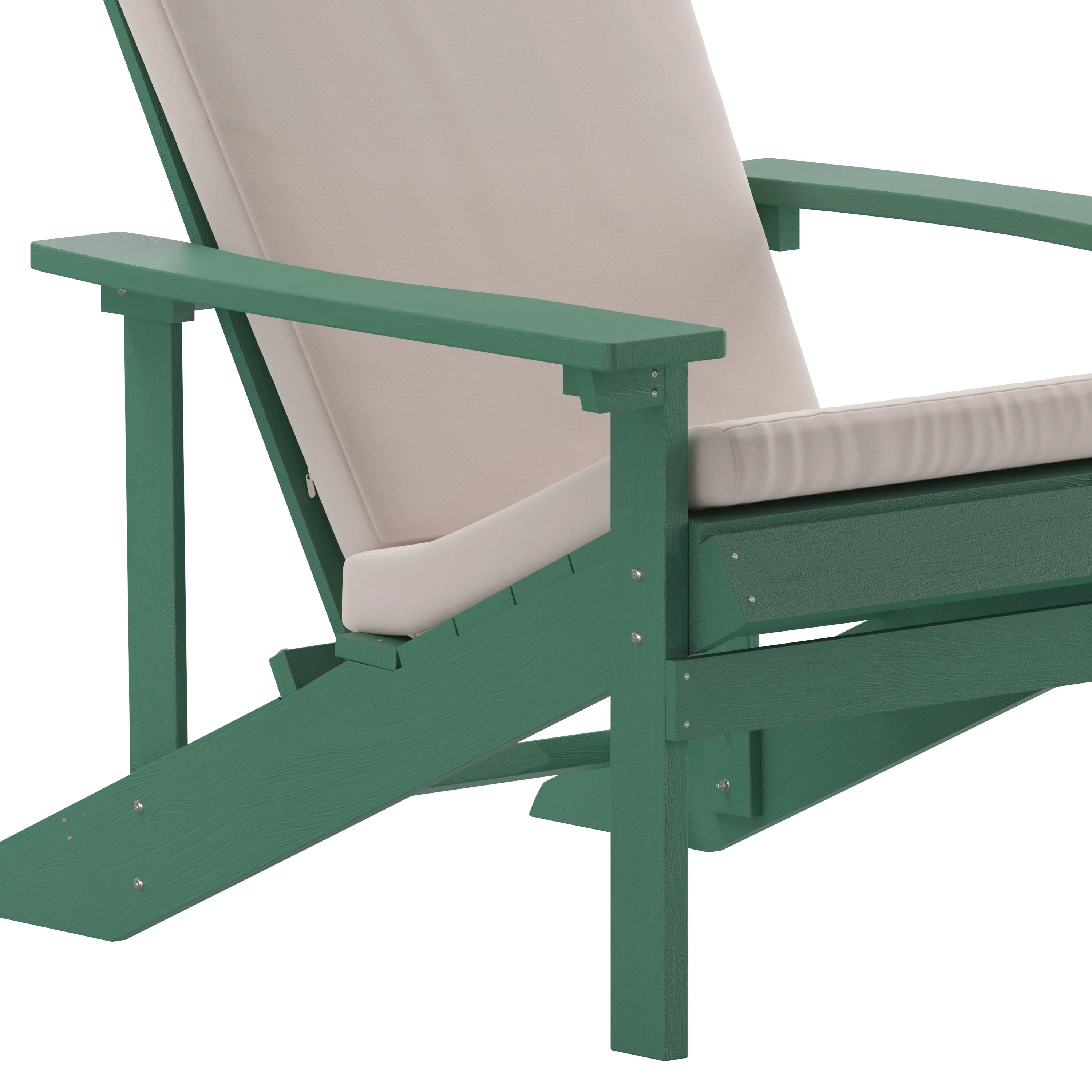 Charlestown Set of 2 All-Weather Poly Resin Wood Adirondack Chairs in Green with Cream Cushions for Deck, Porch, and Patio