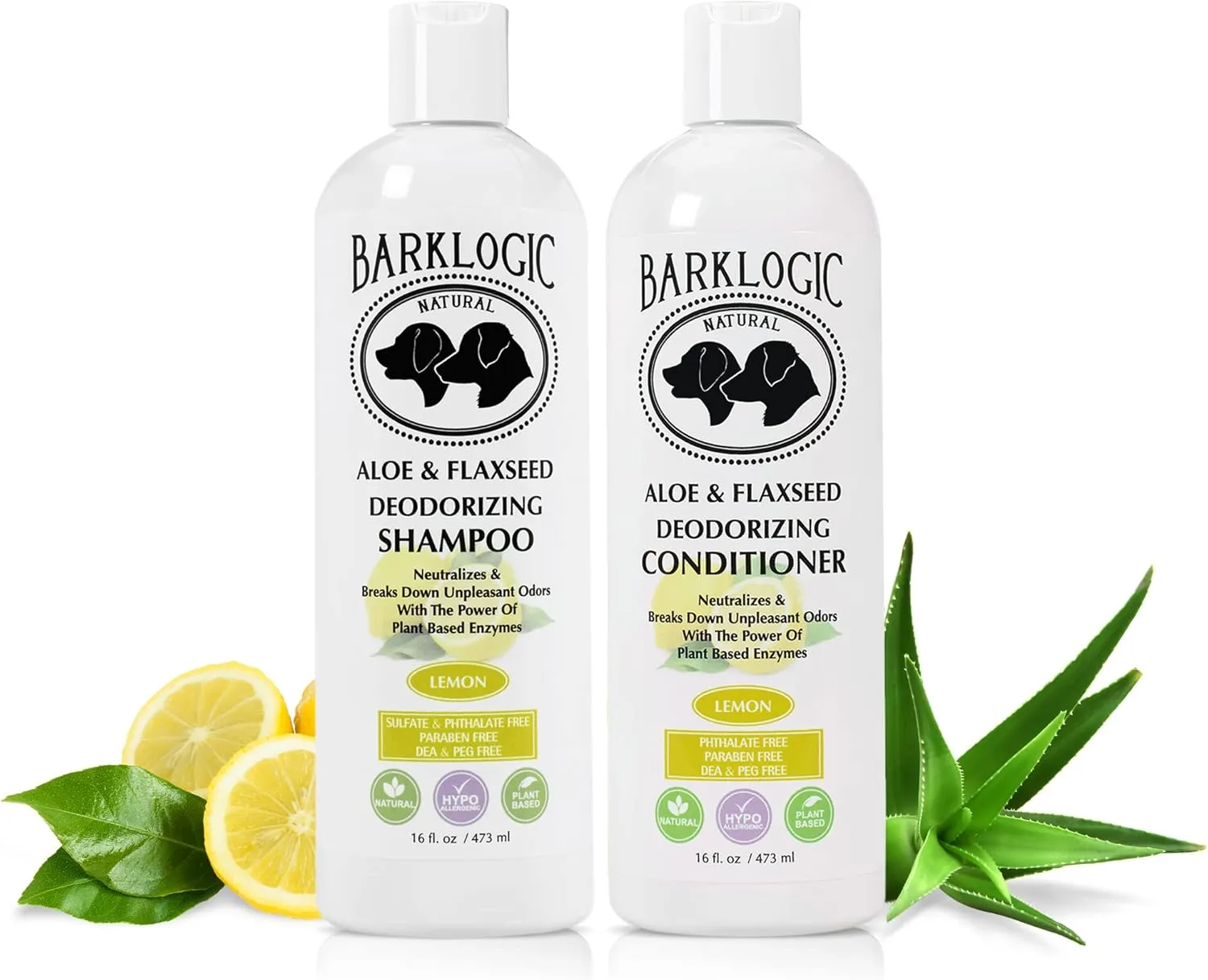 Deodorizing Aloe and Flaxseed Shampoo and Conditioner 2 Piece Grooming Kit- 16 oz, Lemon  with Naturally Derived Essential Oil and Plant Enzymes, Safe and Easy Odor Control, Vegan