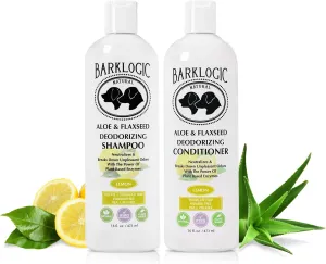 Deodorizing Aloe and Flaxseed Shampoo and Conditioner 2 Piece Grooming Kit- 16 oz, Lemon  with Naturally Derived Essential Oil and Plant Enzymes, Safe and Easy Odor Control, Vegan