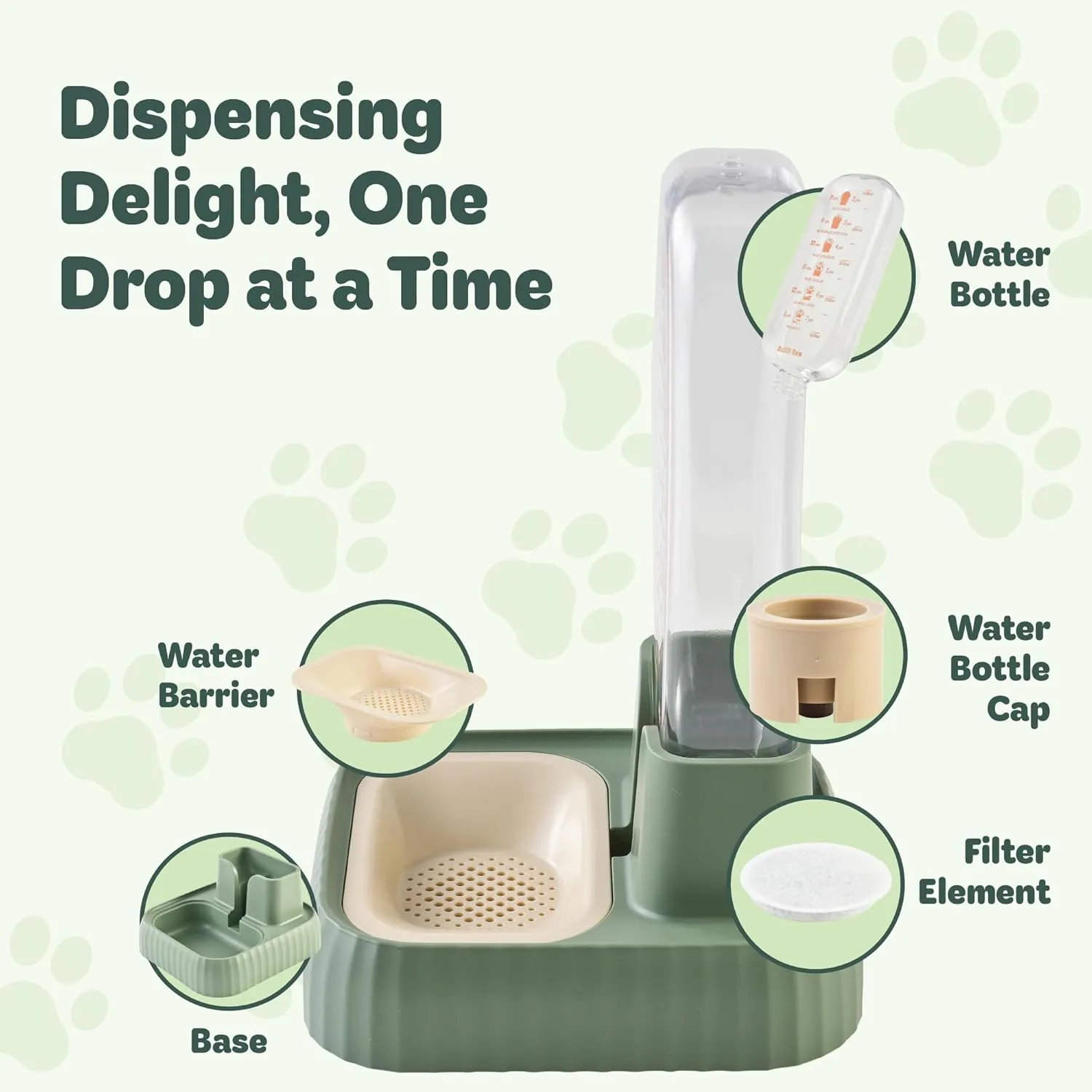 Desired Things Gravity Pet Water Dispenser with Filter, Automatic Cat & Small Dog Bowl Dispenser with Non Slip Base, 17.5 oz Water Storage Capacity, Portable & Convenient - Green