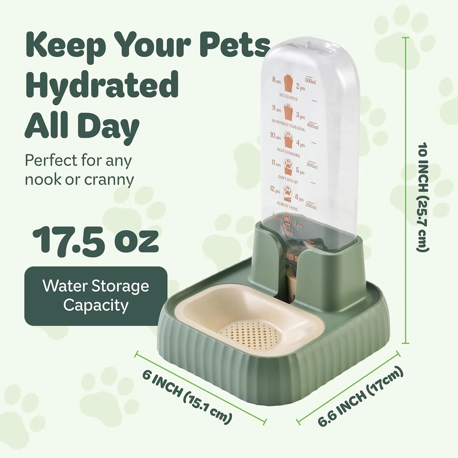 Desired Things Gravity Pet Water Dispenser with Filter, Automatic Cat & Small Dog Bowl Dispenser with Non Slip Base, 17.5 oz Water Storage Capacity, Portable & Convenient - Green