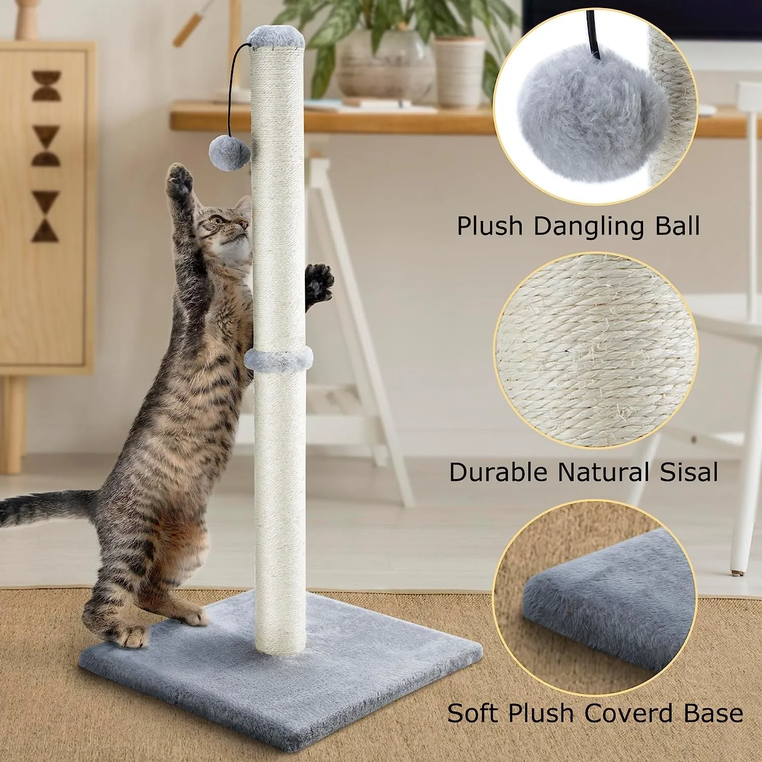 Dimaka 29" Height Tall Cat Scratching Post, Claw Scratcher with Sisal Rope and Covered with Soft Smooth Plush, Vertical Scratch [Full Strectch] for Standard Size Cats(Grey, 29 inches for All Cats)