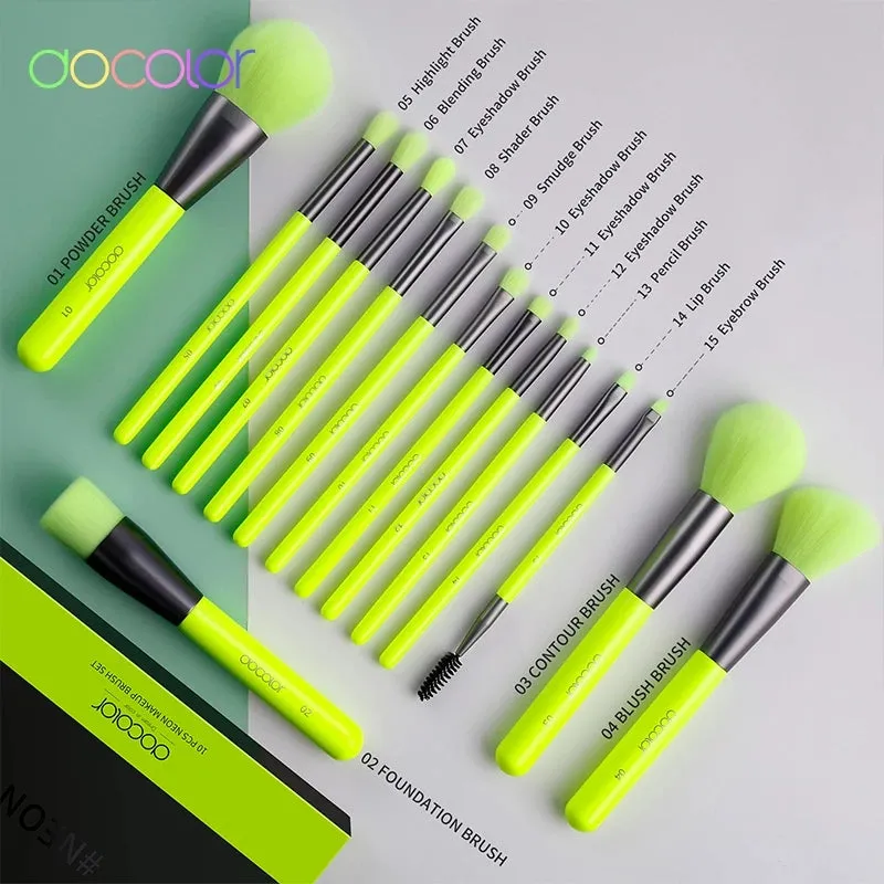 Docolor 15 Pieces Neon Green makeup brush set 