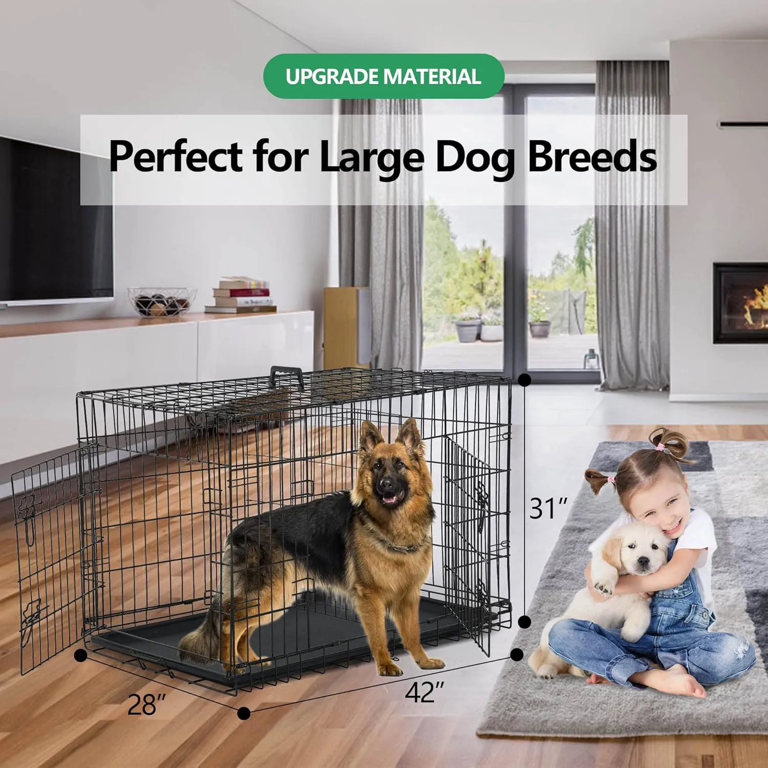 Dog Crate, 24/30/36/42/48 Inch Dog Crates for Small Medium Large Dogs Indoor, Folding Metal Dog Kennel Dog Cage with Double-Door, Divider Panel, Removable Tray, Locks and Handle, (42 Inch, Black)