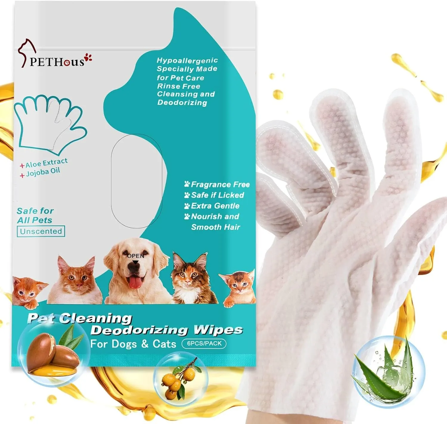 Dog Glove Wipes, Dog Wipes for Paws and Butt,Cleaning & Deodorizing, Grooming Glove Wipes for cat, Pet Cleaning Wipes, Gentle - Hypoallergenic, Daily Clean, Smooth Fur -12PCS