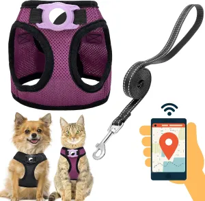 Dog Harness with Airtag Holder for Small Dogs, Puppy, Cats - No Pull Step in Small Dog Harness and Reflective Dog Leash Set for Walking Training Travel Grooming Outdoor