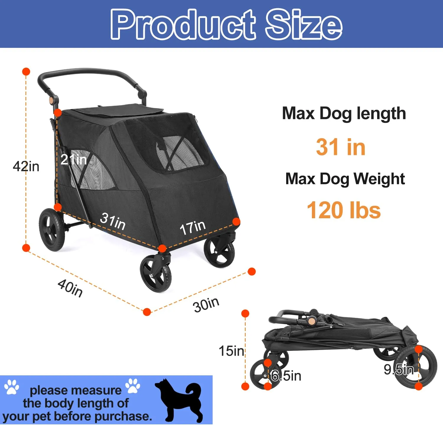 Dog Stroller Pet, Foldable Cart with 4 Wheels, Mesh Skylight Pet Stroller for Small to Large Dogs and Other Pet Travel, Storage Space Pet Can Easily Walk Outoor (Black)