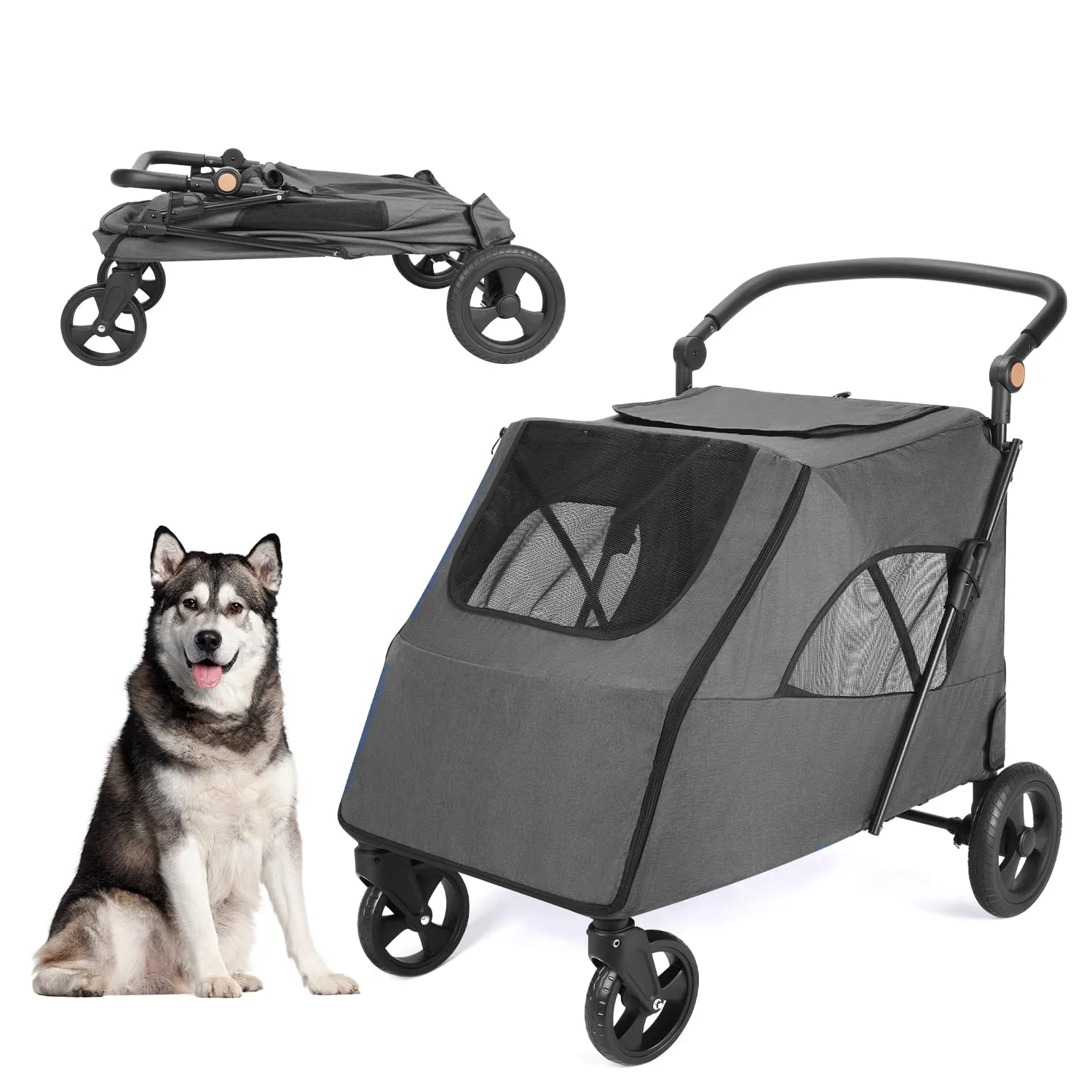 Dog Stroller Pet, Foldable Cart with 4 Wheels, Mesh Skylight Pet Stroller for Small to Large Dogs and Other Pet Travel, Storage Space Pet Can Easily Walk Outoor (Dark Grey)