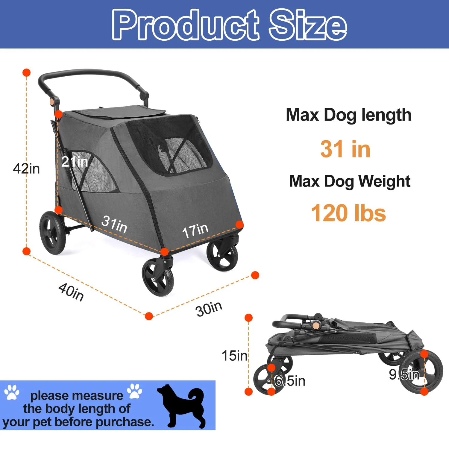 Dog Stroller Pet, Foldable Cart with 4 Wheels, Mesh Skylight Pet Stroller for Small to Large Dogs and Other Pet Travel, Storage Space Pet Can Easily Walk Outoor (Dark Grey)