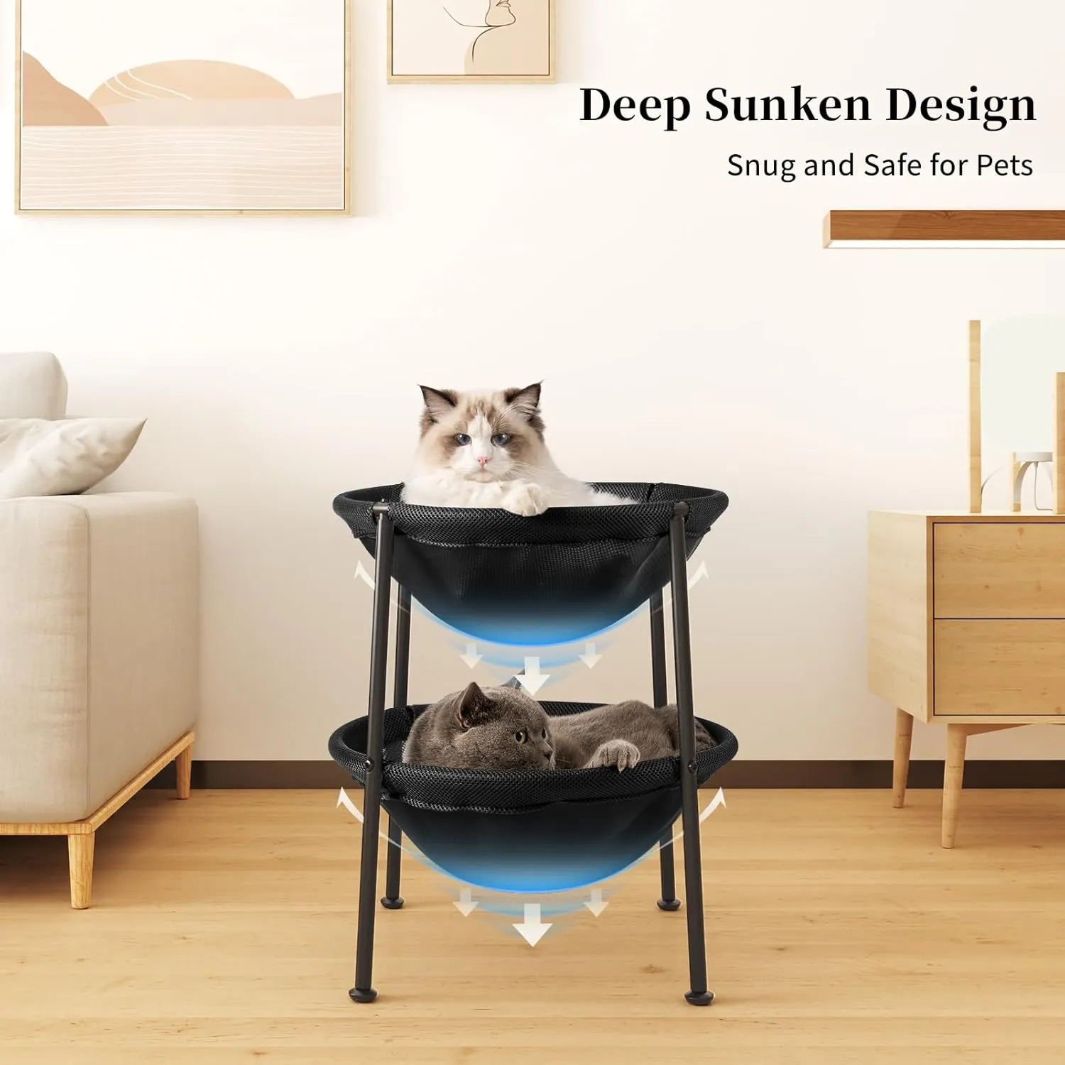 Double Cat Bed Black, Breathable Pet Bed for 2 Cats with 4 Adjustable Feet & Anti-Slip Mats, Easy Assembly Cat Hammock for Multi-cat Household, Indoors & Outdoors, 22.8 in x18.7 in x 18.7 in