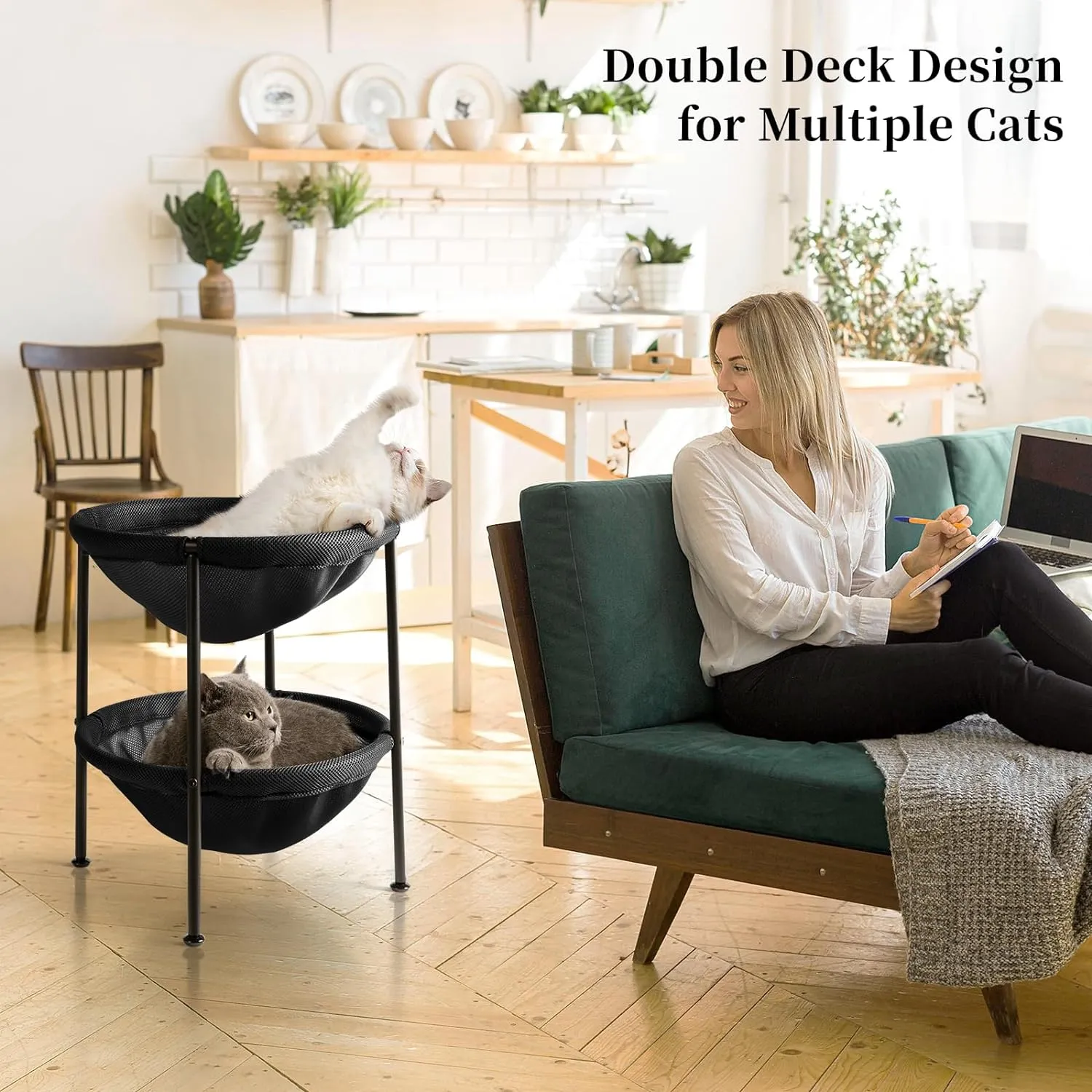 Double Cat Bed Black, Breathable Pet Bed for 2 Cats with 4 Adjustable Feet & Anti-Slip Mats, Easy Assembly Cat Hammock for Multi-cat Household, Indoors & Outdoors, 22.8 in x18.7 in x 18.7 in
