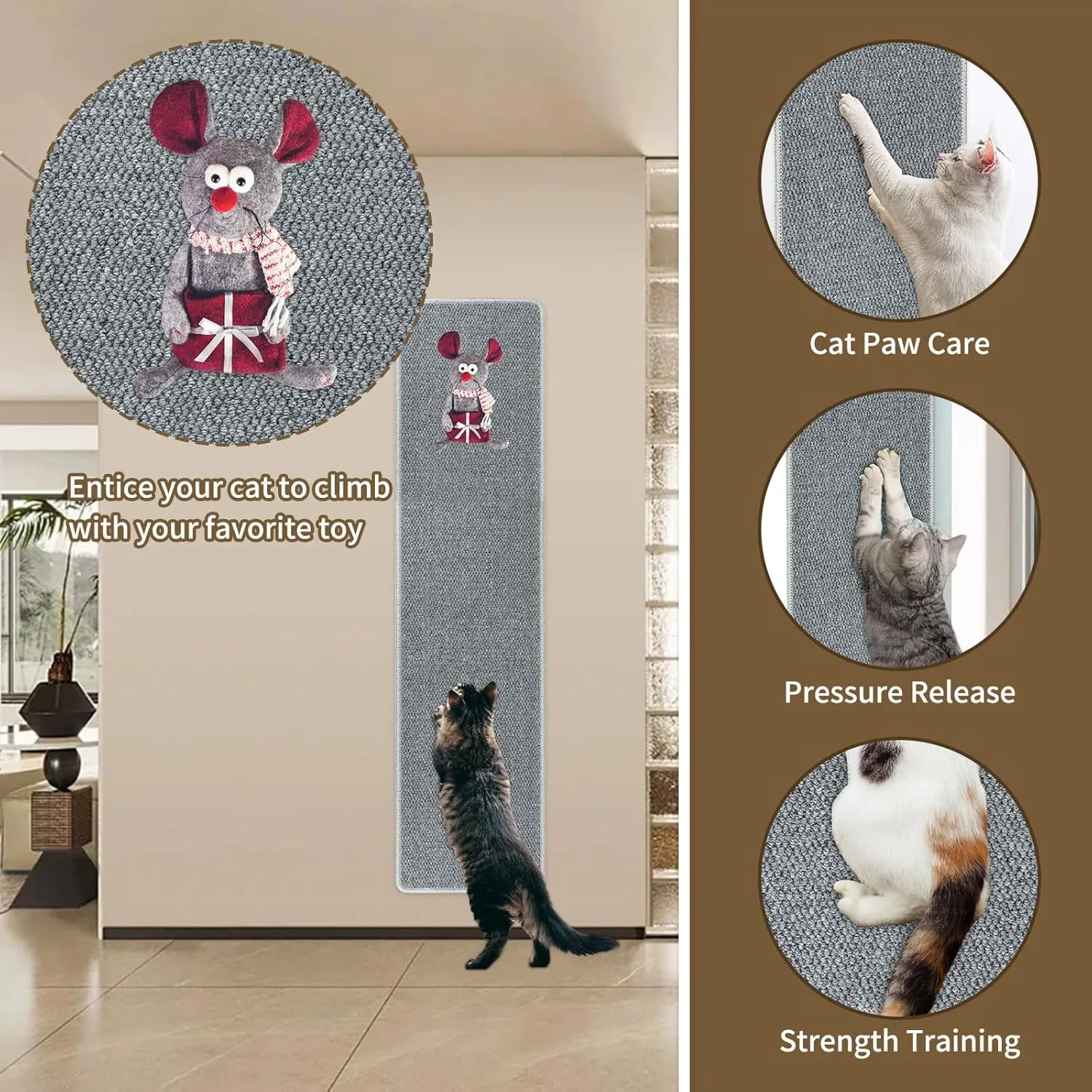 FHTONGE 71x15.8 Thickened Cat Wall Climbing Carpet with 16 Fixed Nails, Extra Large Tall Cat Scratch Pad for Wall, Wall Mounted Climbing Cat Scratcher for Furniture Couch Sofa Protector(Grey)