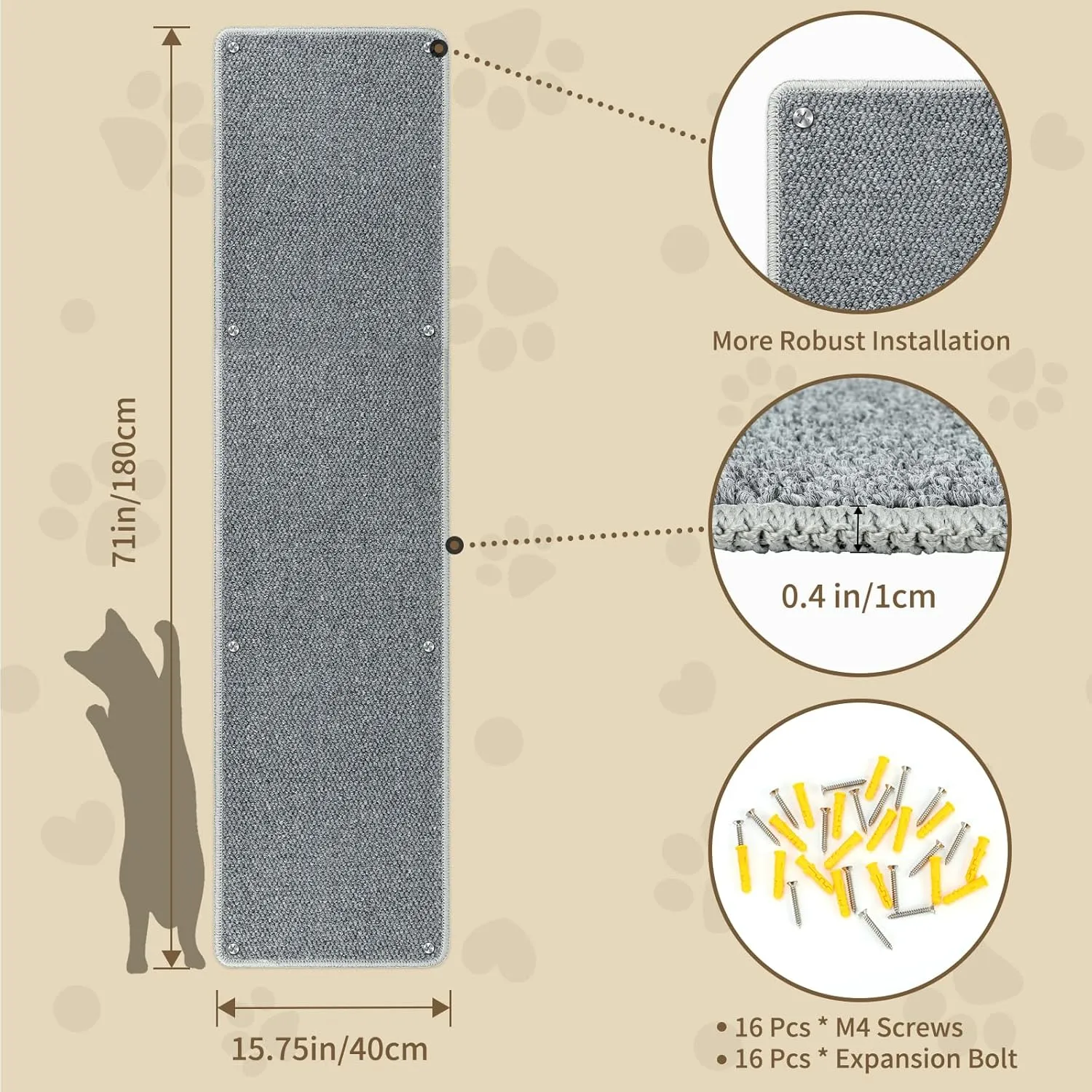 FHTONGE 71x15.8 Thickened Cat Wall Climbing Carpet with 16 Fixed Nails, Extra Large Tall Cat Scratch Pad for Wall, Wall Mounted Climbing Cat Scratcher for Furniture Couch Sofa Protector(Grey)