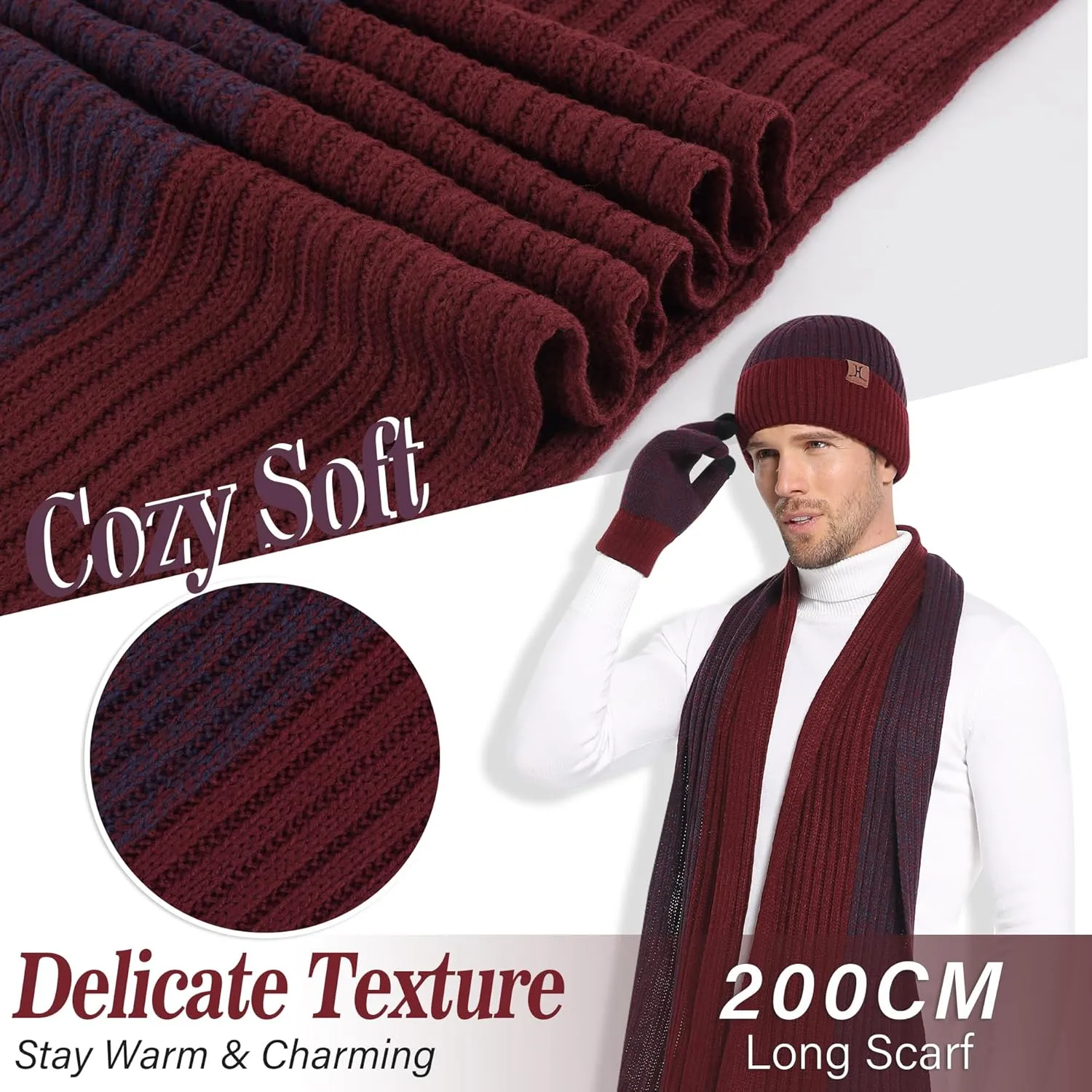 FZ FANTASTIC ZONE Mens Winter Knit Hat Beanie Long Neck Scarf Touchscreen Gloves Set Fleece Skull Caps Gifts for Men Women