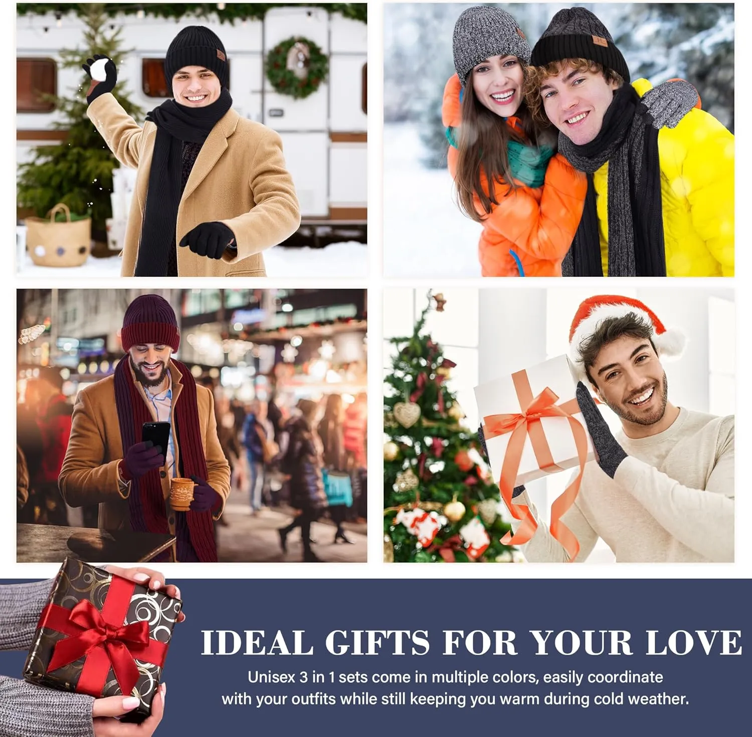 FZ FANTASTIC ZONE Mens Winter Knit Hat Beanie Long Neck Scarf Touchscreen Gloves Set Fleece Skull Caps Gifts for Men Women