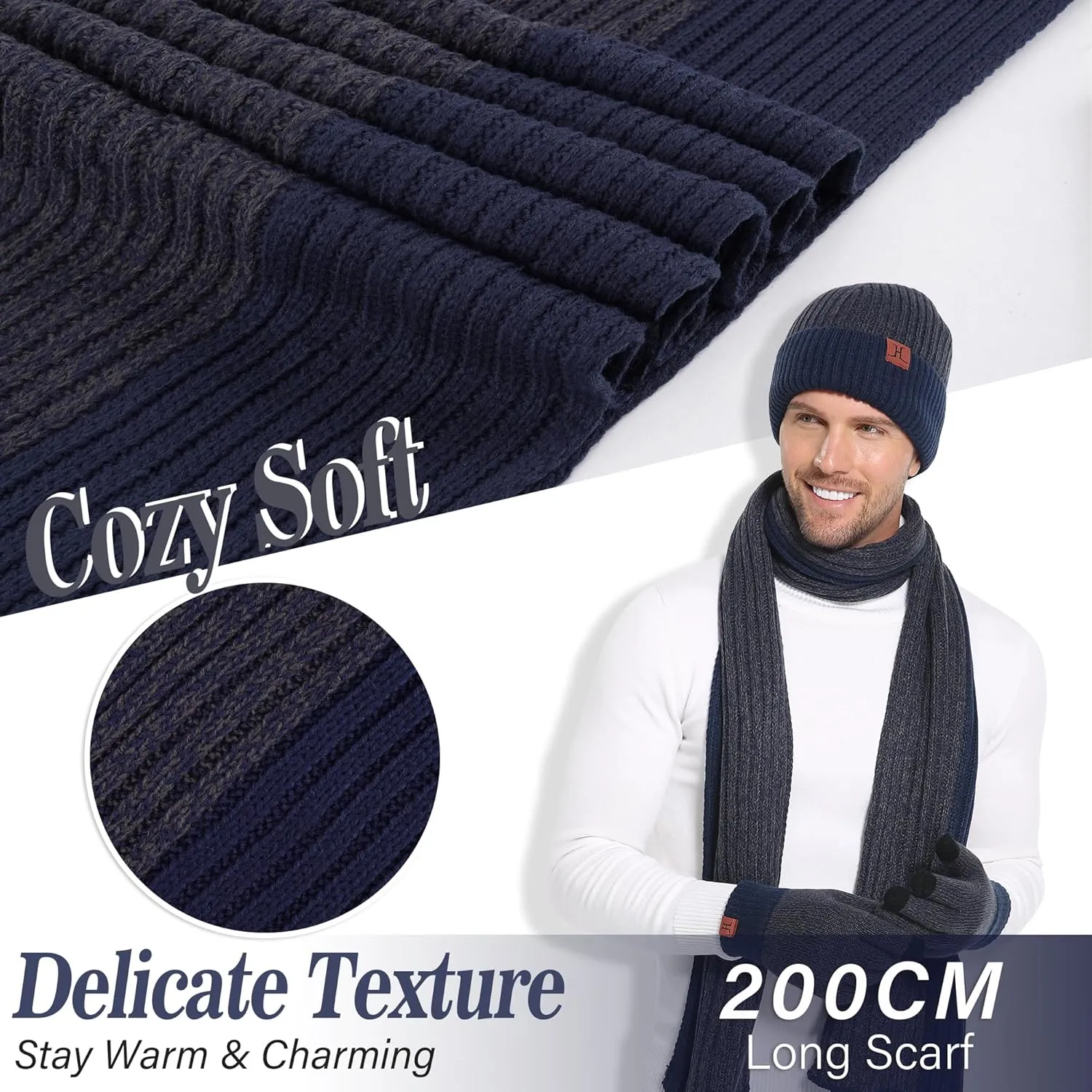 FZ FANTASTIC ZONE Mens Winter Knit Hat Beanie Long Neck Scarf Touchscreen Gloves Set Fleece Skull Caps Gifts for Men Women