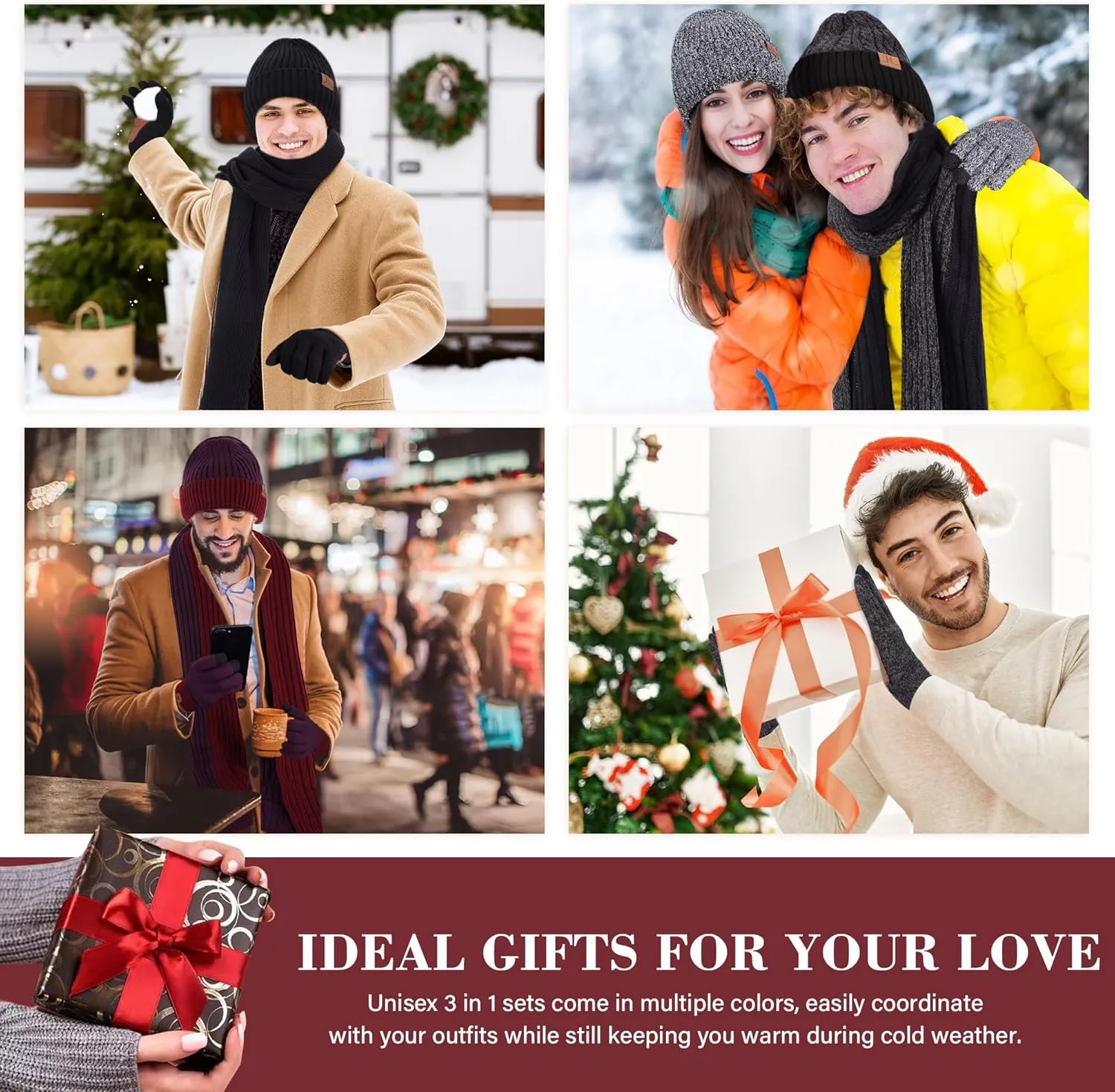 FZ FANTASTIC ZONE Mens Winter Knit Hat Beanie Long Neck Scarf Touchscreen Gloves Set Fleece Skull Caps Gifts for Men Women