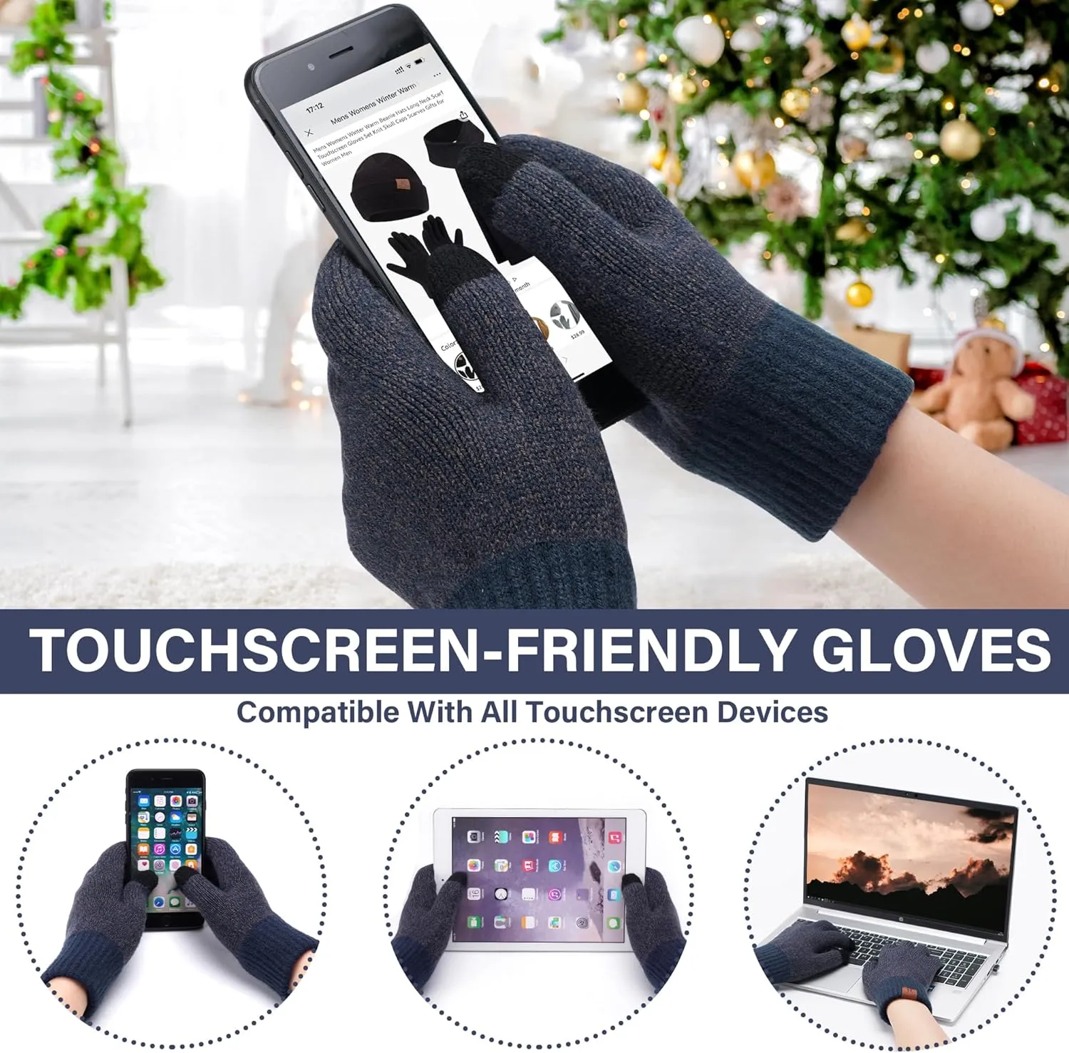 FZ FANTASTIC ZONE Mens Winter Knit Hat Beanie Long Neck Scarf Touchscreen Gloves Set Fleece Skull Caps Gifts for Men Women