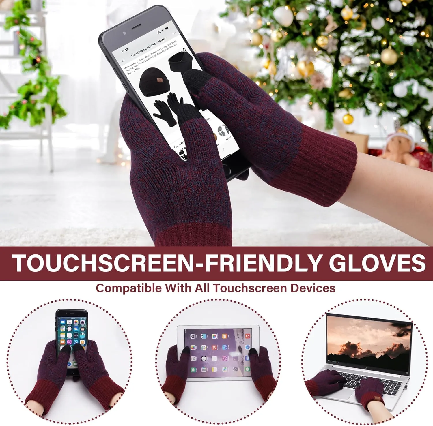 FZ FANTASTIC ZONE Mens Winter Knit Hat Beanie Long Neck Scarf Touchscreen Gloves Set Fleece Skull Caps Gifts for Men Women